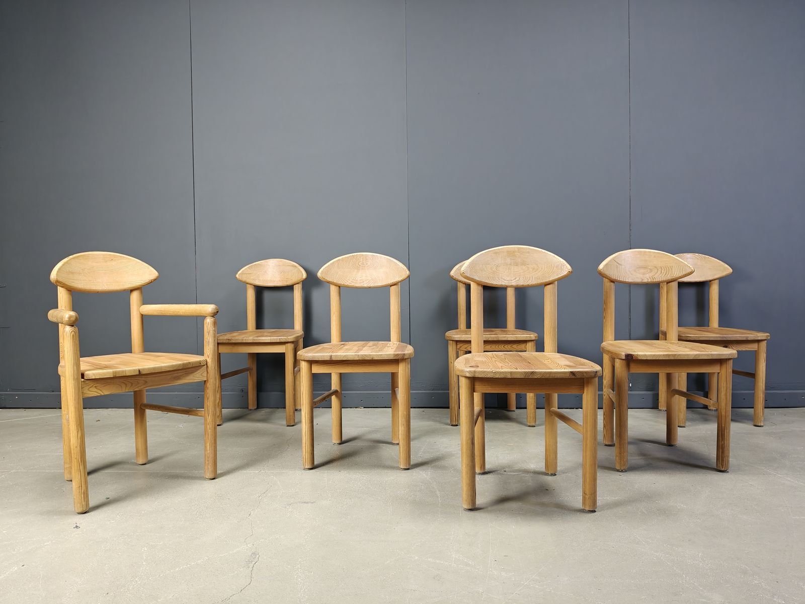 Vintage Pine Wood Dining Chairs   1980s   Set Of 7