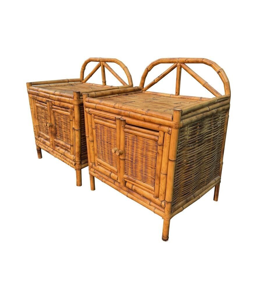 A Pair Of Italian 1970s Tortoiseshell Bamboo Bedside Tables With Two Doors photo Furniture