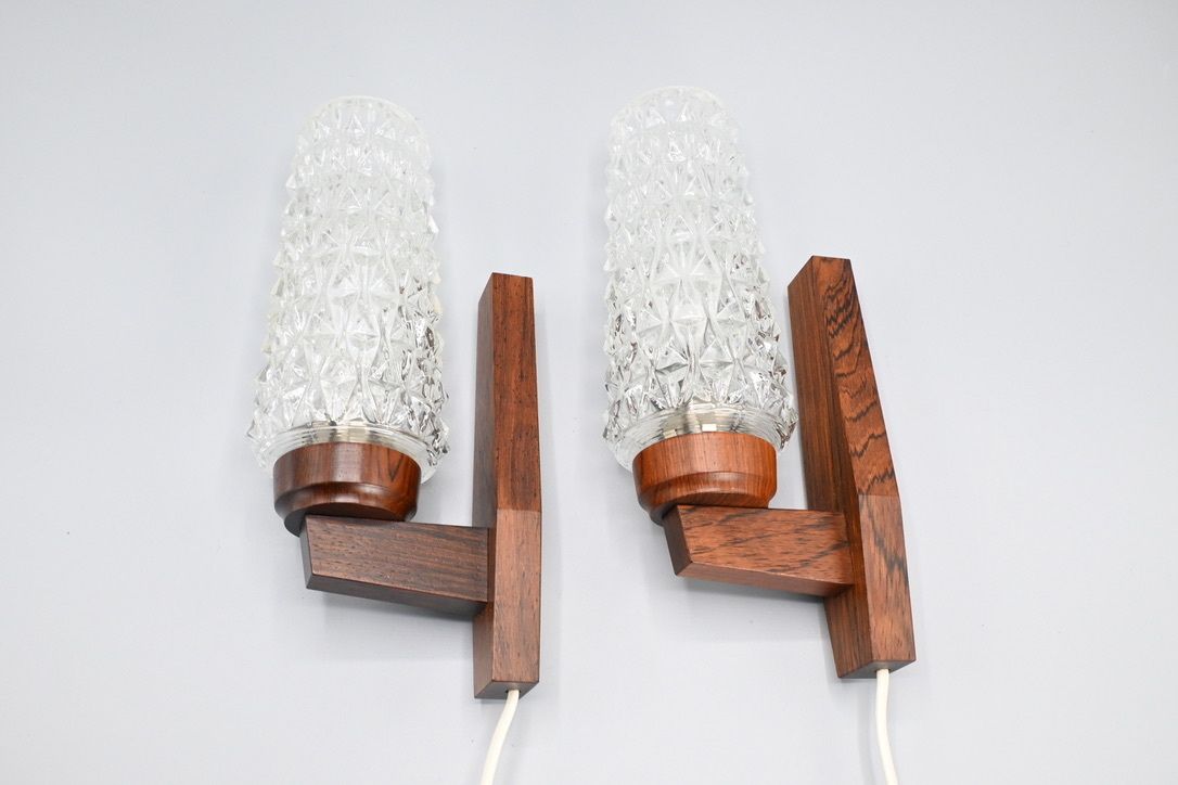 Pair Of Scandinavian Pallisander Wooden Wall Lamps With Glass Shades, Sweden 1960s photo buy