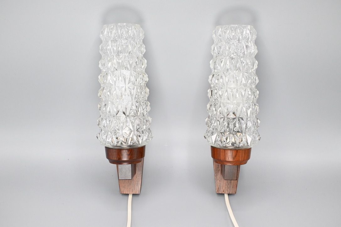 photo furniture Pair Of Scandinavian Pallisander Wooden Wall Lamps With Glass Shades, Sweden 1960s