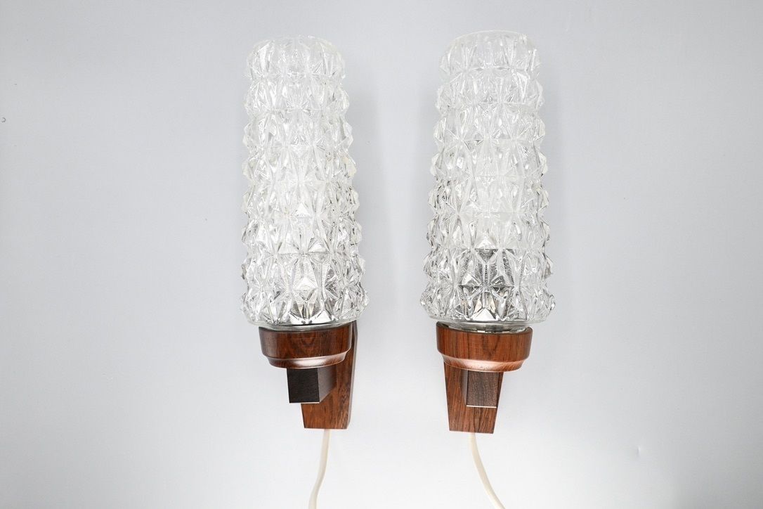 Pair Of Scandinavian Pallisander Wooden Wall Lamps With Glass Shades, Sweden 1960s