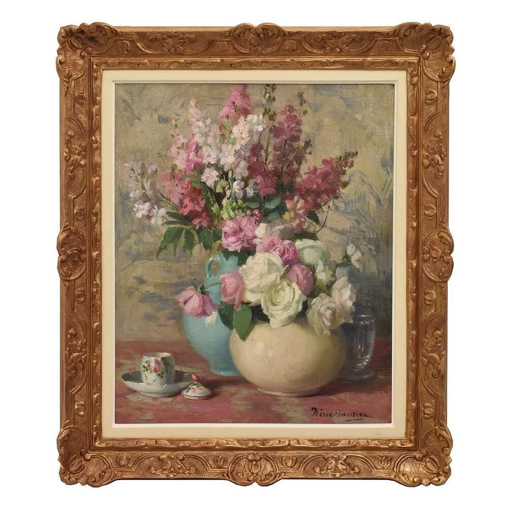 Art Nouveau Still Life Painting, Roses Flowers, Oil On Canvas, XX. (Qf699)