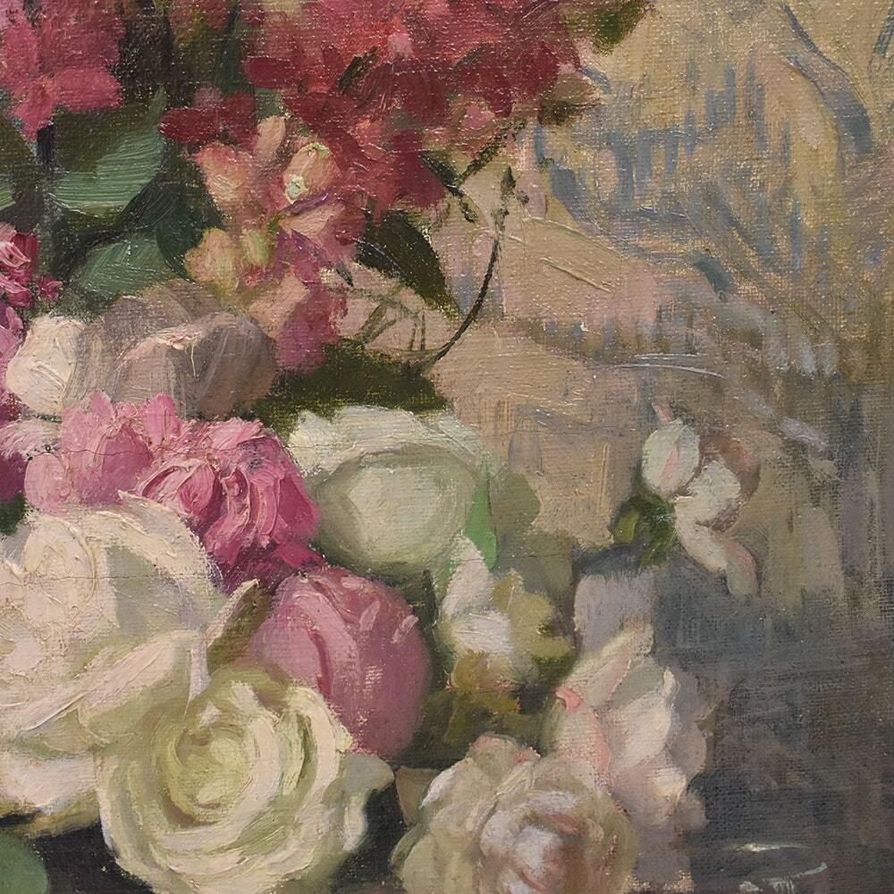 Art Nouveau Still Life Painting, Roses Flowers, Oil On Canvas, XX. (Qf699) photo vintage