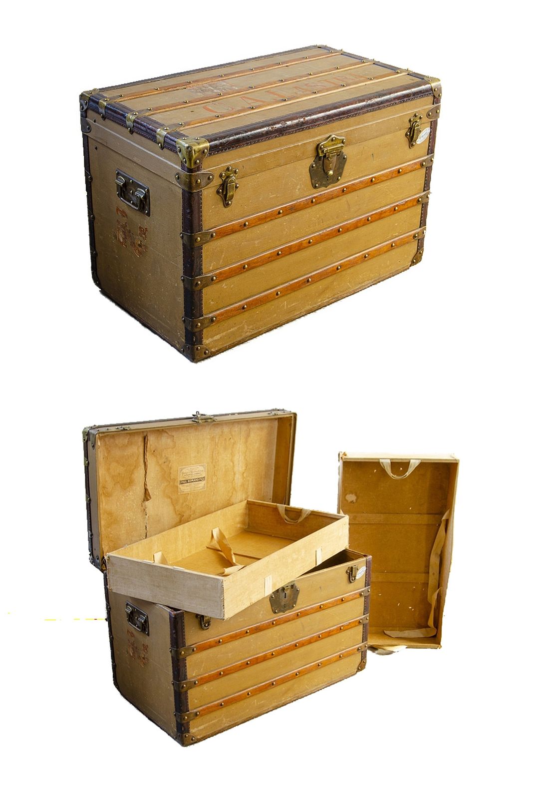 1900s Wooden Steamer Trunk With Brass And Leather Accents By Paul Romand, France