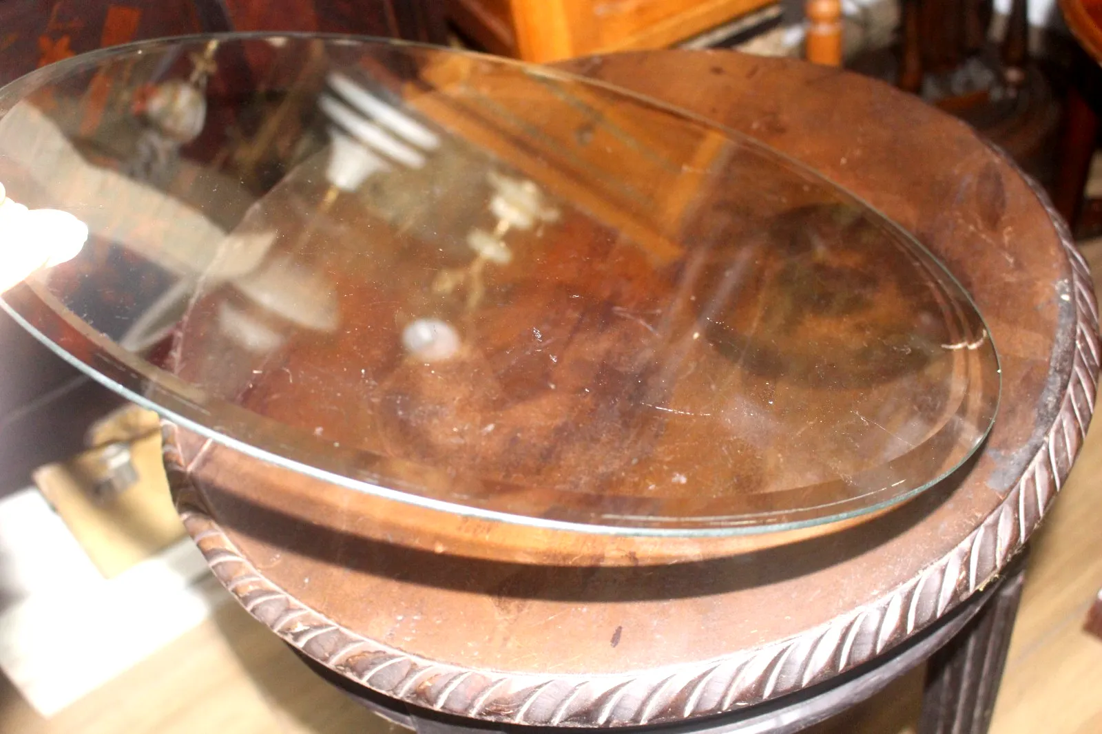 Italian Round Side Table Carved Edge Glass Top  50 X 70 Cm photo for sale