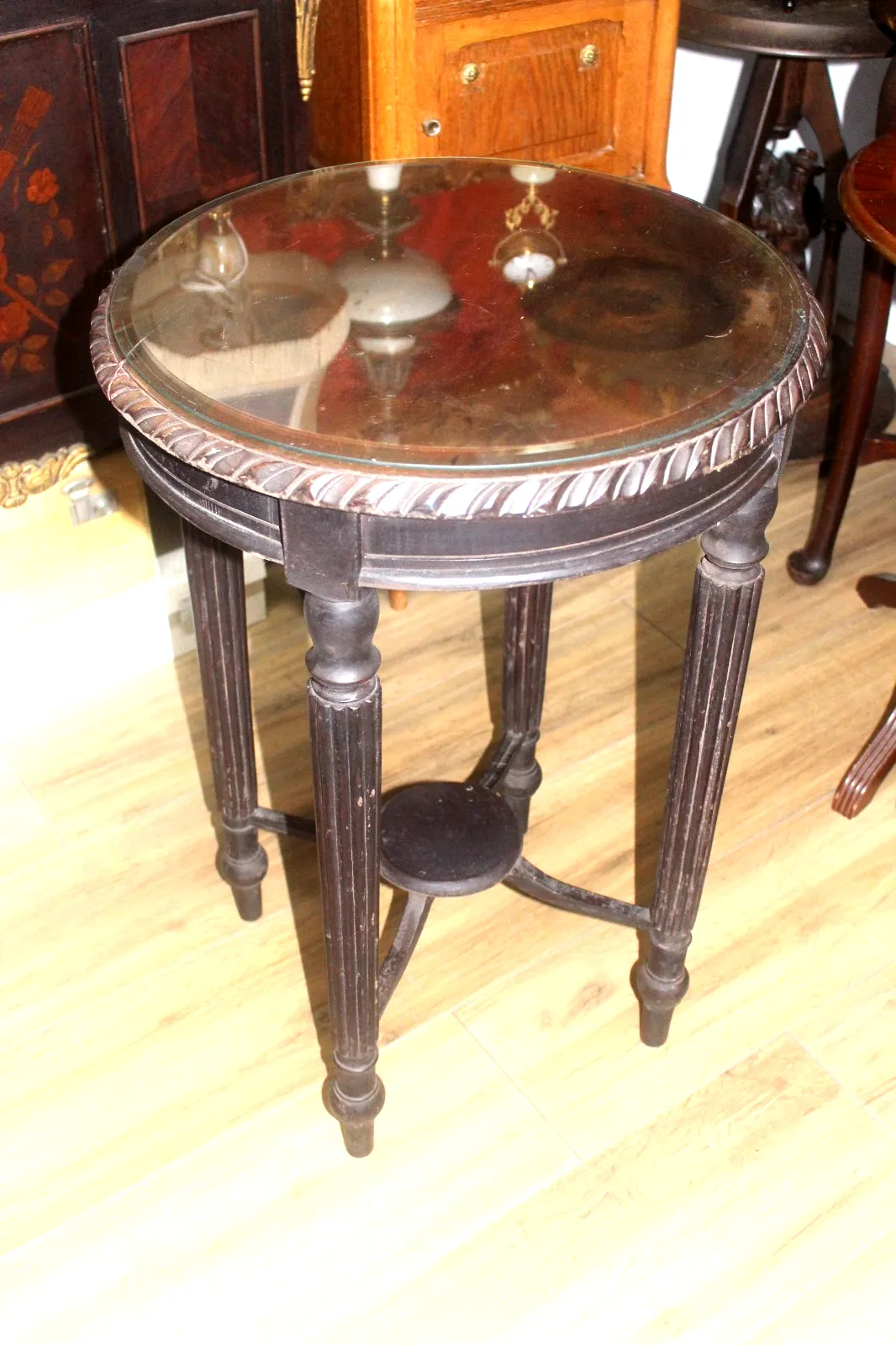 Italian Round Side Table Carved Edge Glass Top  50 X 70 Cm photo vintage