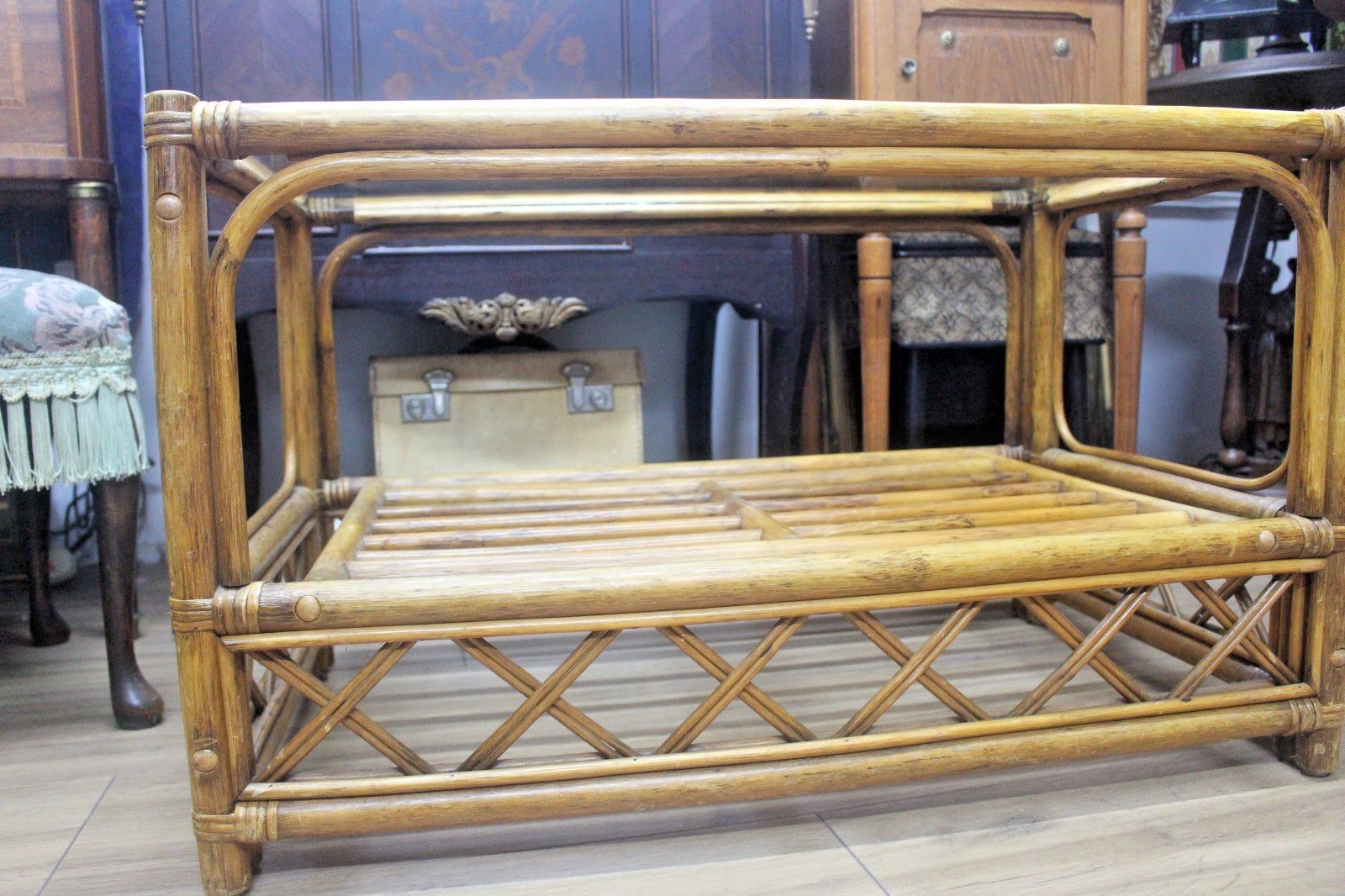Vintage Coffee Table Bamboo Rattan Glass Top Rectangle Oriental Boho Retro photo for sale