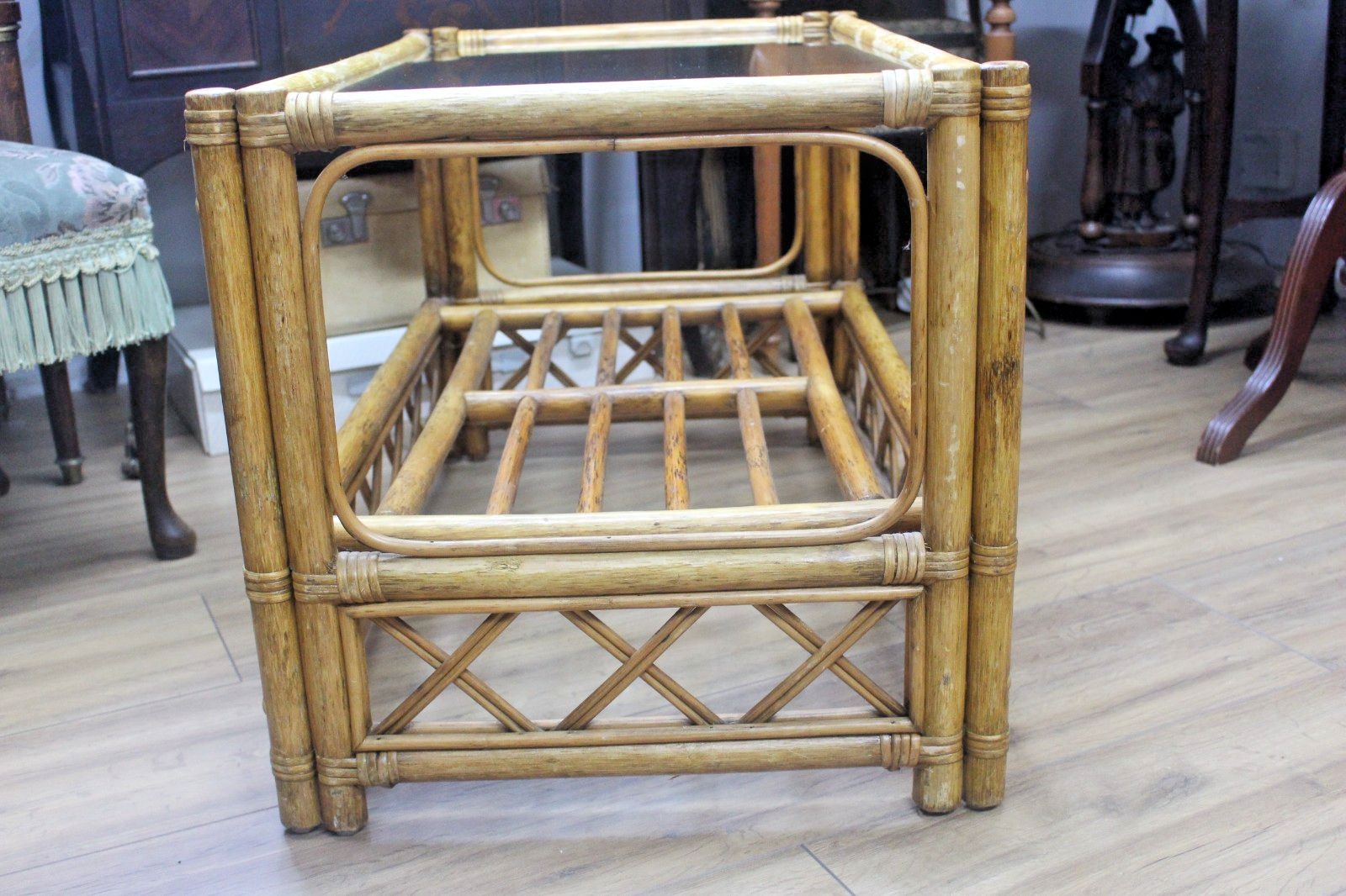 Vintage Coffee Table Bamboo Rattan Glass Top Rectangle Oriental Boho Retro photo 87.0