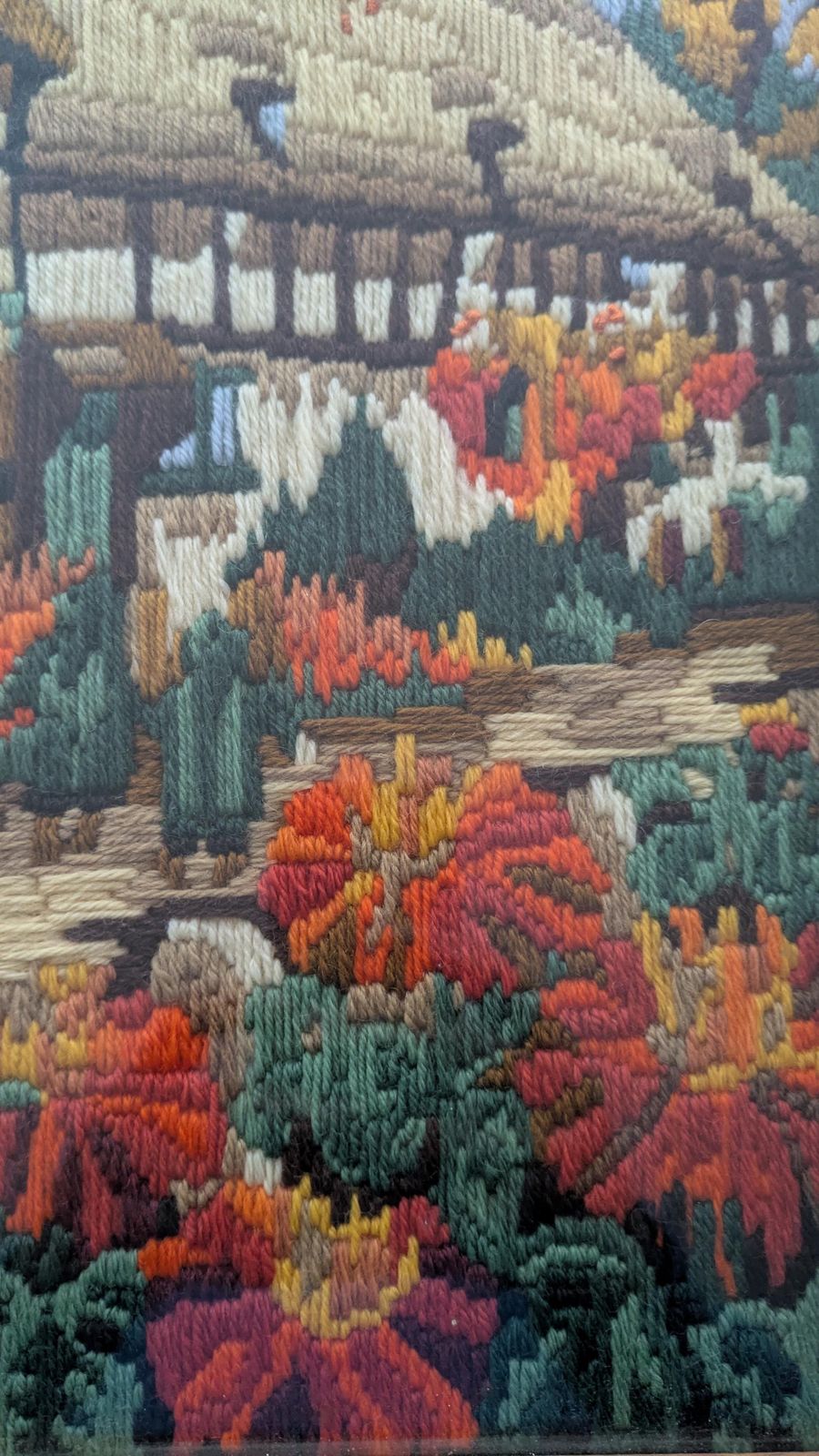 Vintage Hand Stitched Needlepoint Autumn Cottage Scene | Framed Embroidery Art | Rustic Wall Decor photo furniture