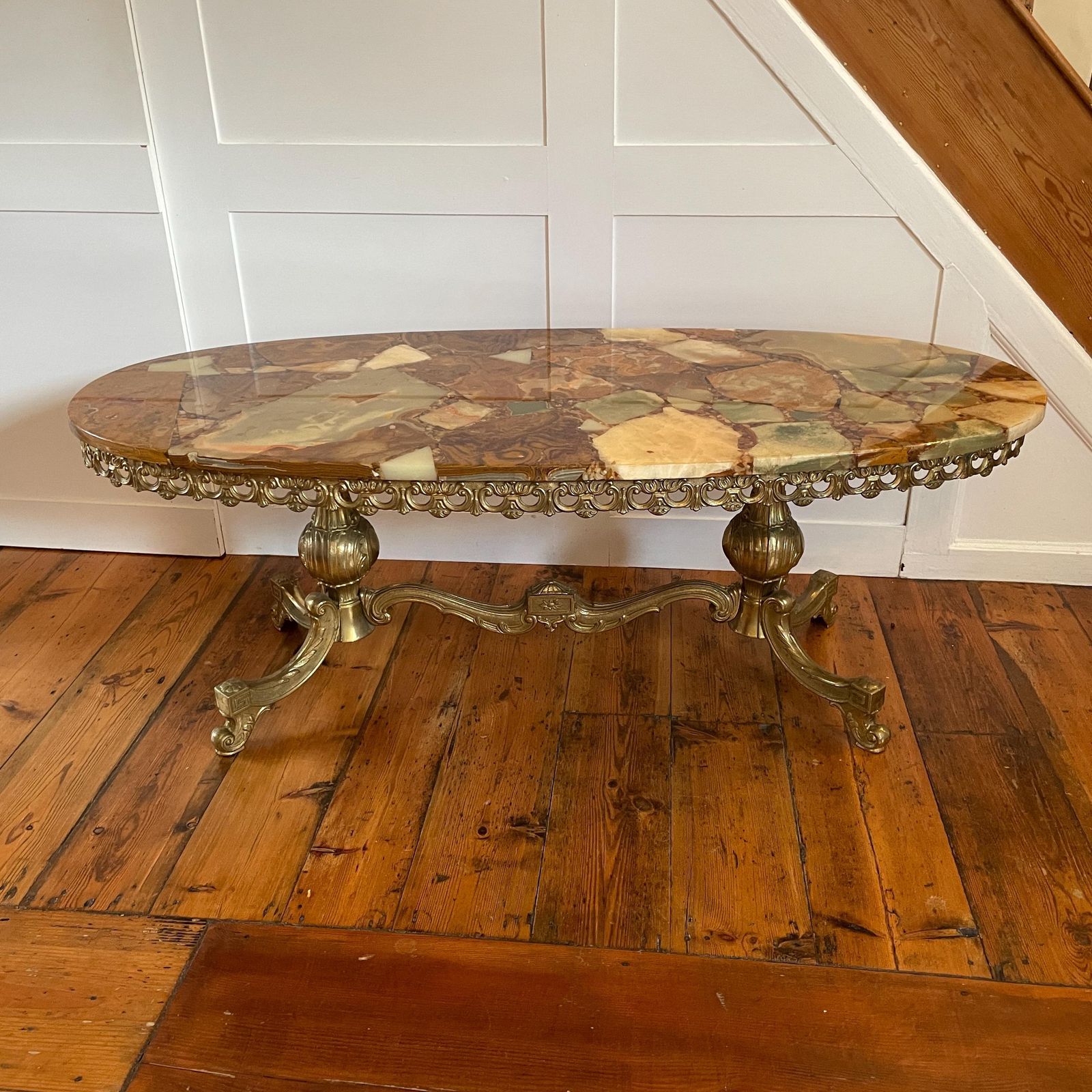 Vintage Marble Onyx Coffee Table Regency Style Gold Metal Ornate Legs Coastal Beach Theme Stone Top Mid Century Italian Style Living Room photo furniture