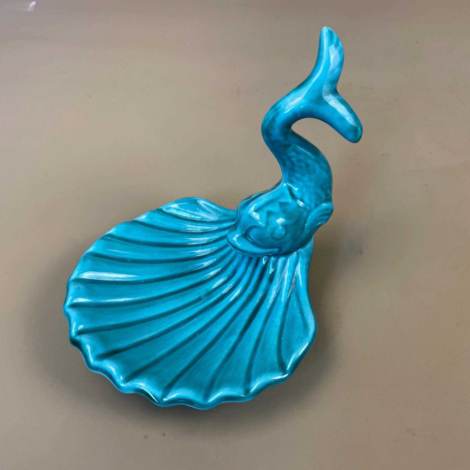 Vintage Fish Soap Dish Teal Blue Bathroom Decor Ceramic Shell Shaped Pottery Trinket Bowl Mid Century Made In England Pottery
