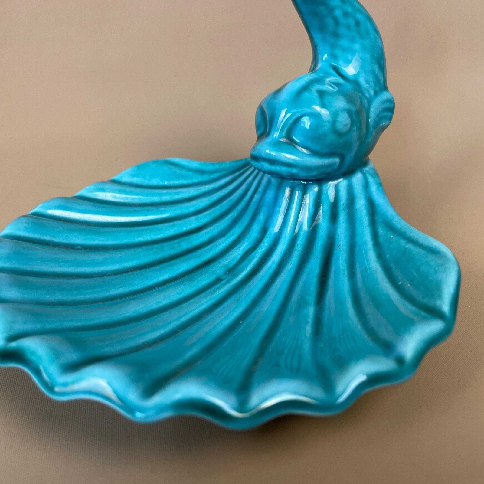 Vintage Fish Soap Dish Teal Blue Bathroom Decor Ceramic Shell Shaped Pottery Trinket Bowl Mid Century Made In England Pottery photo vinterior