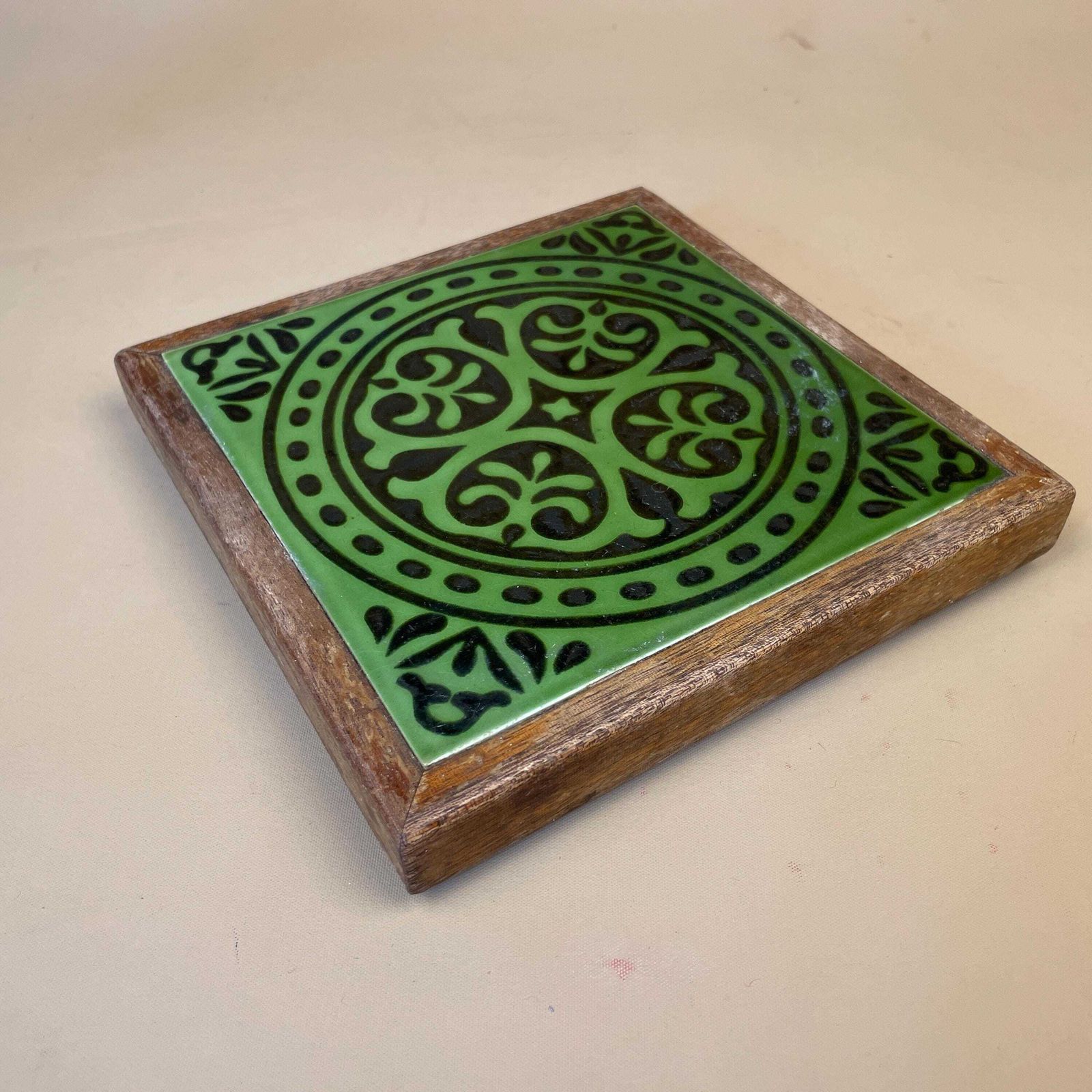 Moroccan Green Tile Trivet Ceramic With Wood Frame Handcrafted Decor Vintage Kitchen Decor Boho Style Table Protector Drink Coaster Morocco photo 55.0