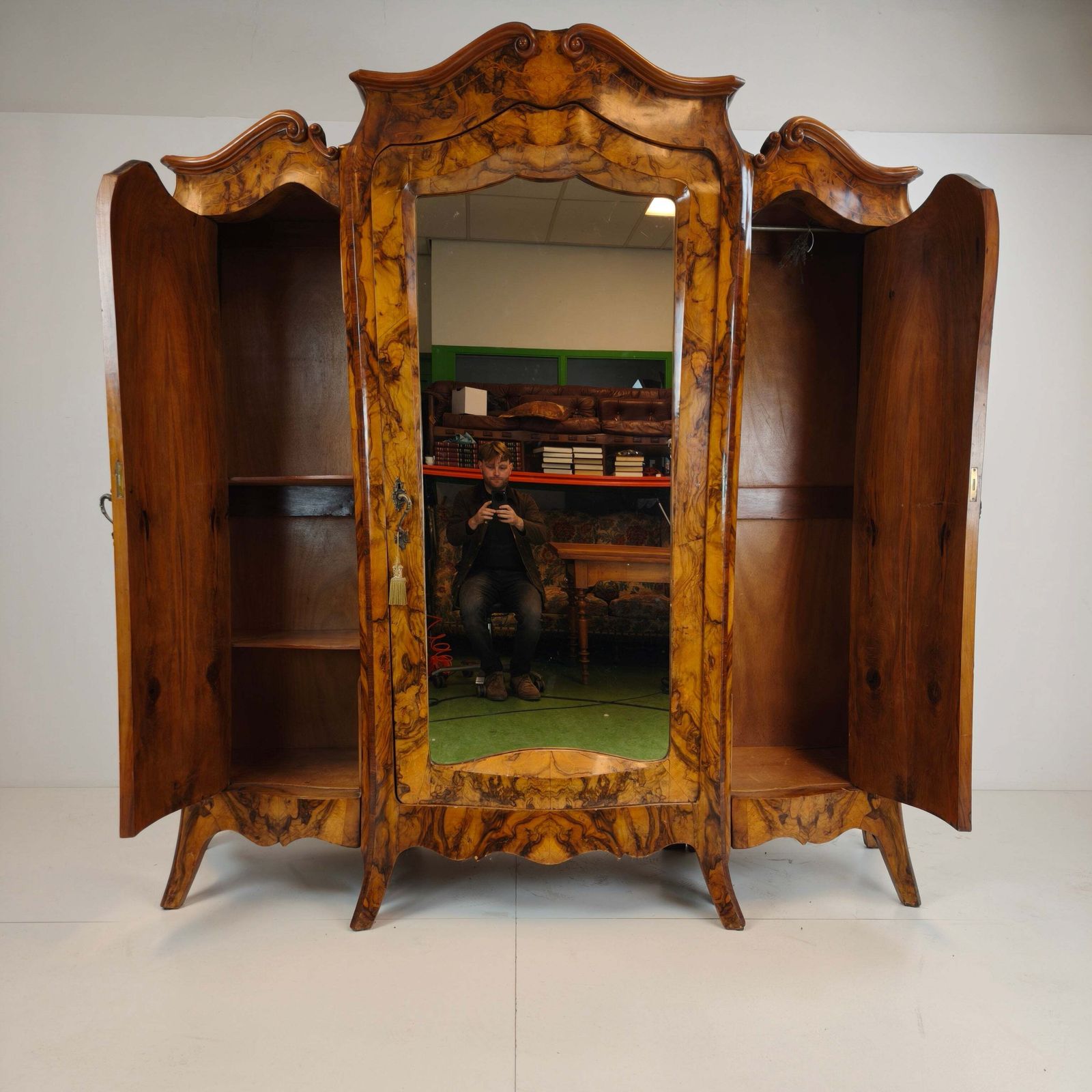 Large Antique Italian Armoire / Wardrobe – Burl Walnut, Bombé Shape photo for sale