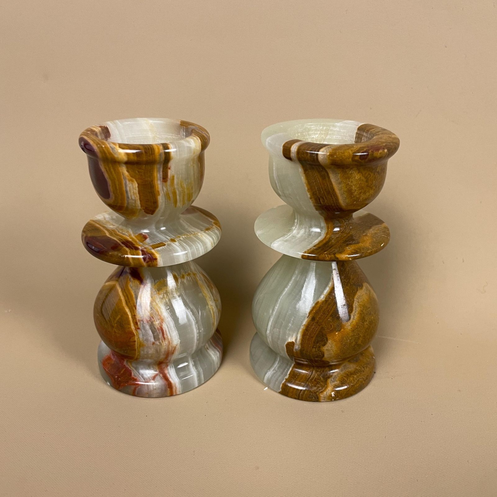 Pair Of Onyx Marble Stone Candlestick Candle Stick Vintage Column Taper Dinner Candlesticks Round Base Classic Pillar Green Brown Marbled