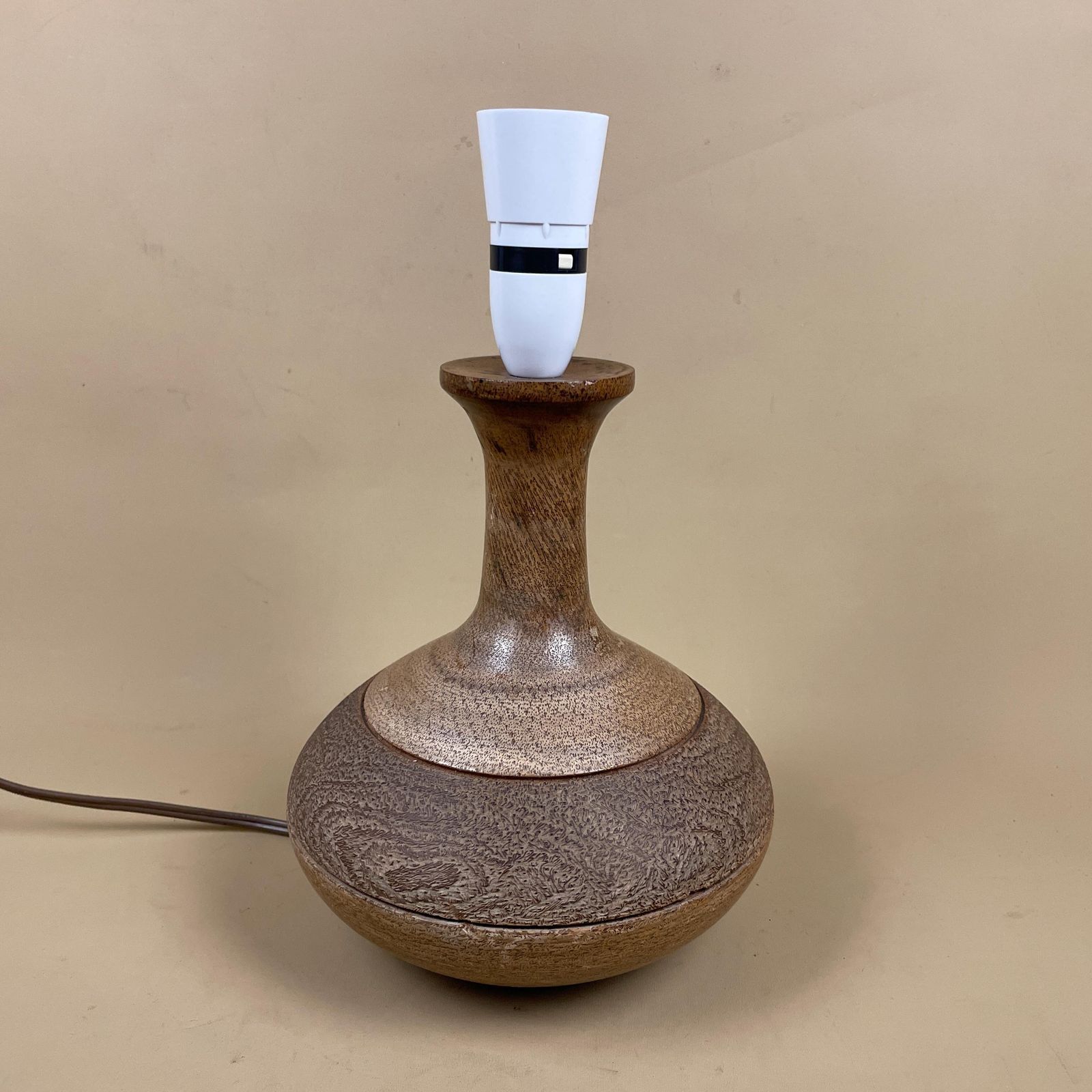 Hand Carved Wood Lamp Wooden Light Bedside Table Farmhouse Cottage Brown Antique Handmade Old Round Base Classic Patterned Vintage photo furniture