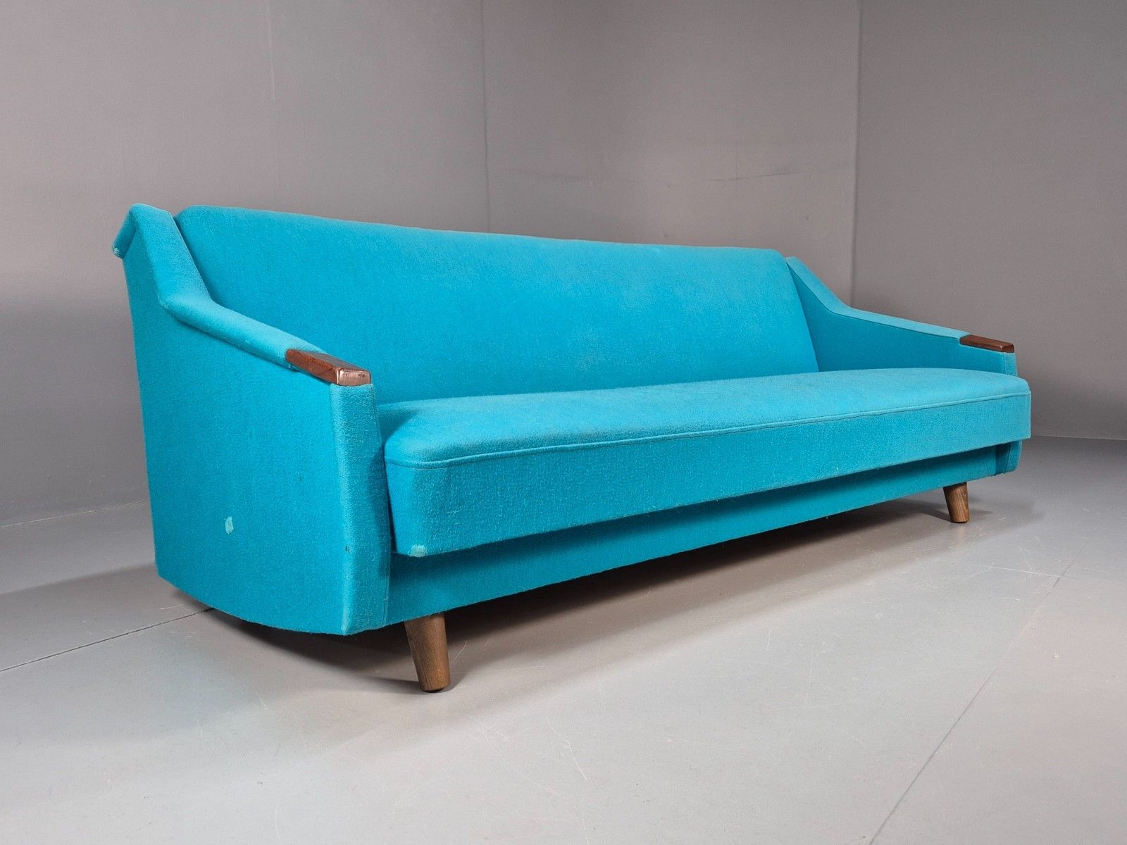 Vintage Danish 1960s Sofa Bed Blue Wool Upholstery Teak Paws Retro Eb10458 M3ss