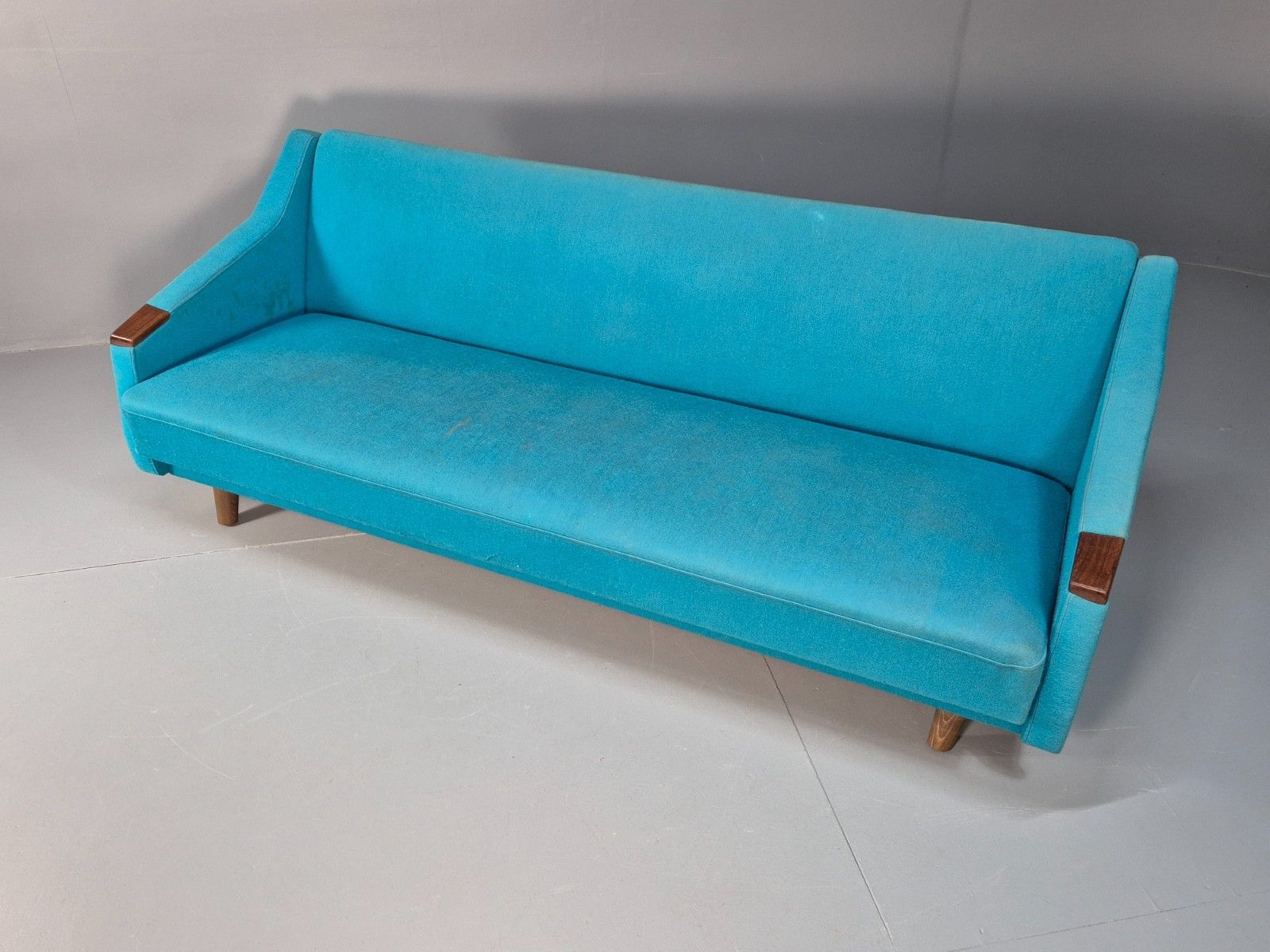 photo for sale Vintage Danish 1960s Sofa Bed Blue Wool Upholstery Teak Paws Retro Eb10458 M3ss