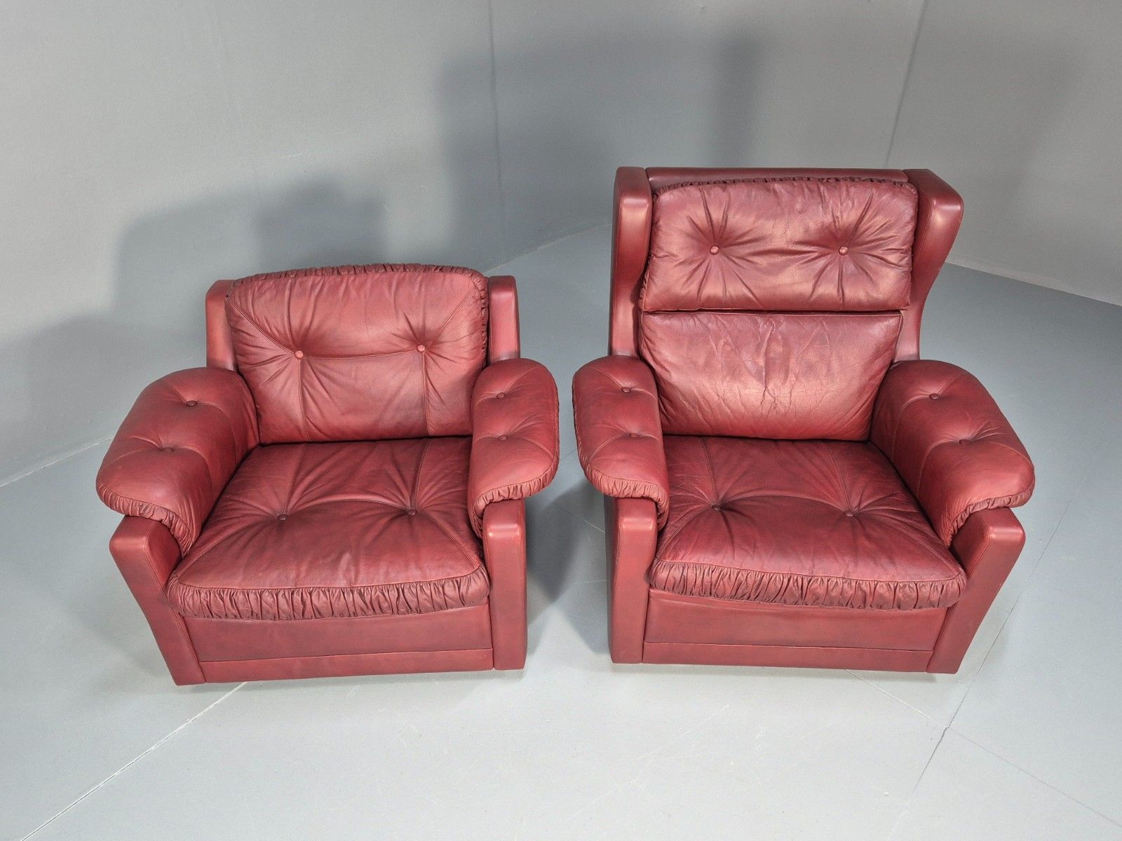 2 Vintage Danish Lounge Chairs Burgundy Leather 1980s Retro Mcm Eb10329 Mnor photo Furniture