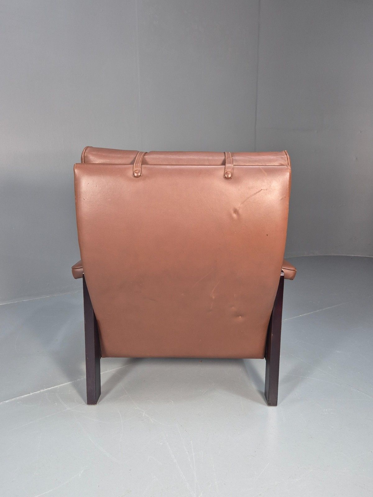 Furniture Vintage Danish Hardwood And Brown Leather Lounge Chair 1970s Retro Eb10322 Mnor photo