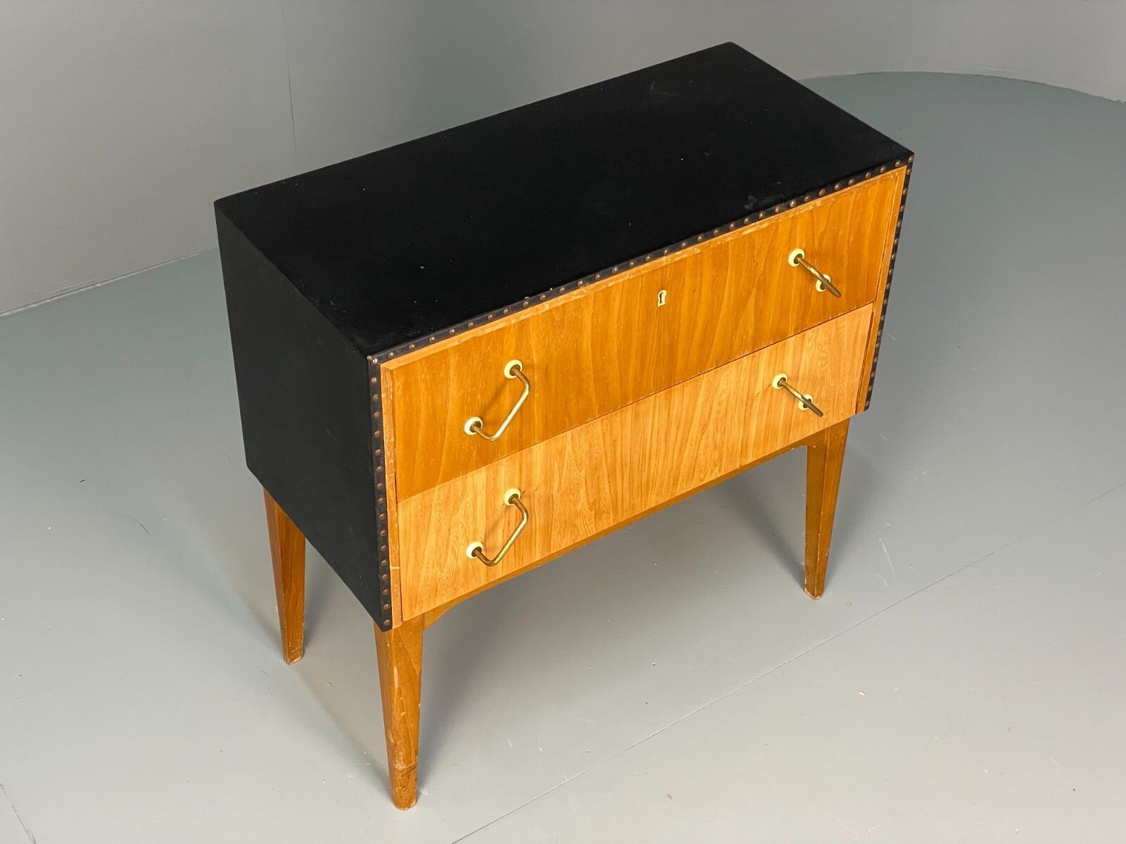 Vintage Bedside Cabinet Oak Studded Vinyl 1950s Mid Century Drawers Eb7954 Mwoo photo Furniture