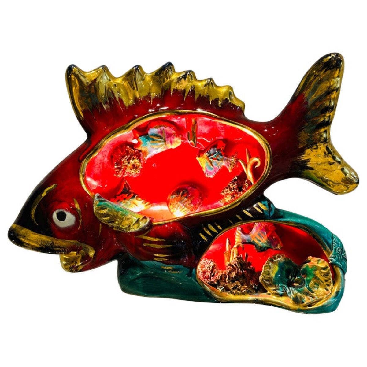 Vintage 1960s French Vallauris Glazed Ceramic Red & Gold Glazed Fish Aquarium Table Lamp