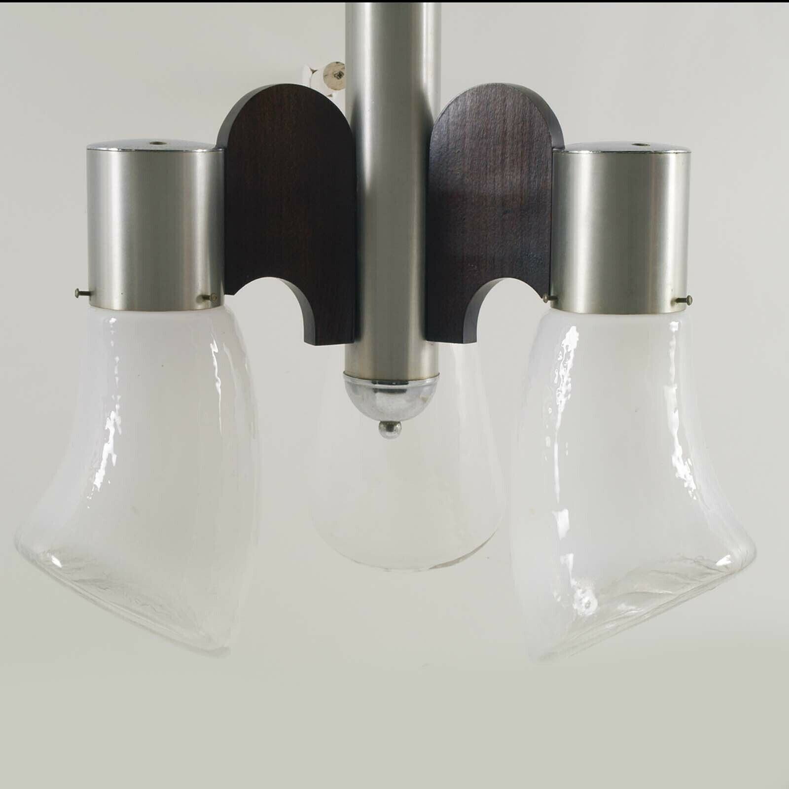 Stainless Steel & Wood Pendant  By Gaetano Sciolari For Mazzega, Murano Glass photo for sale