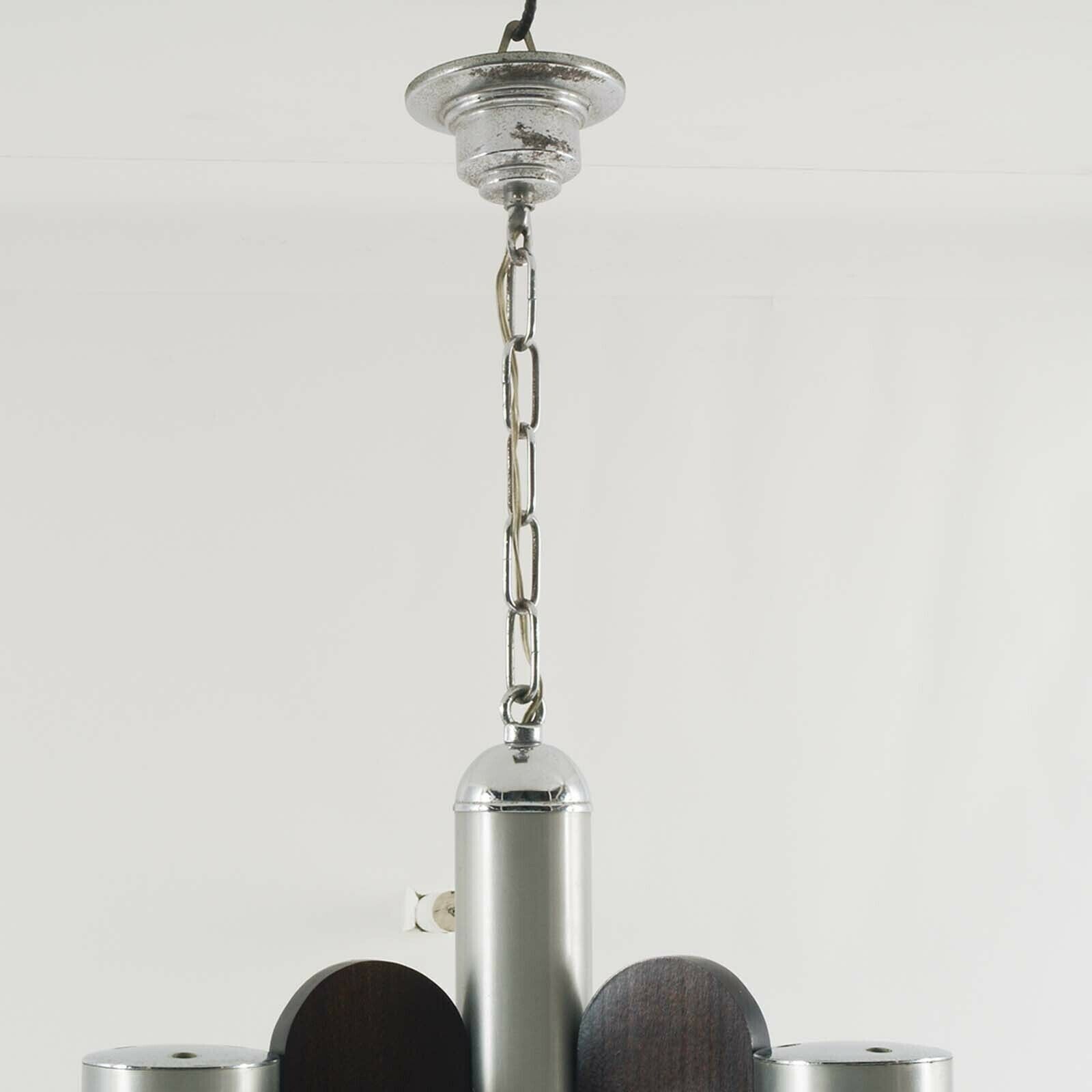 Stainless Steel & Wood Pendant  By Gaetano Sciolari For Mazzega, Murano Glass photo Lighting