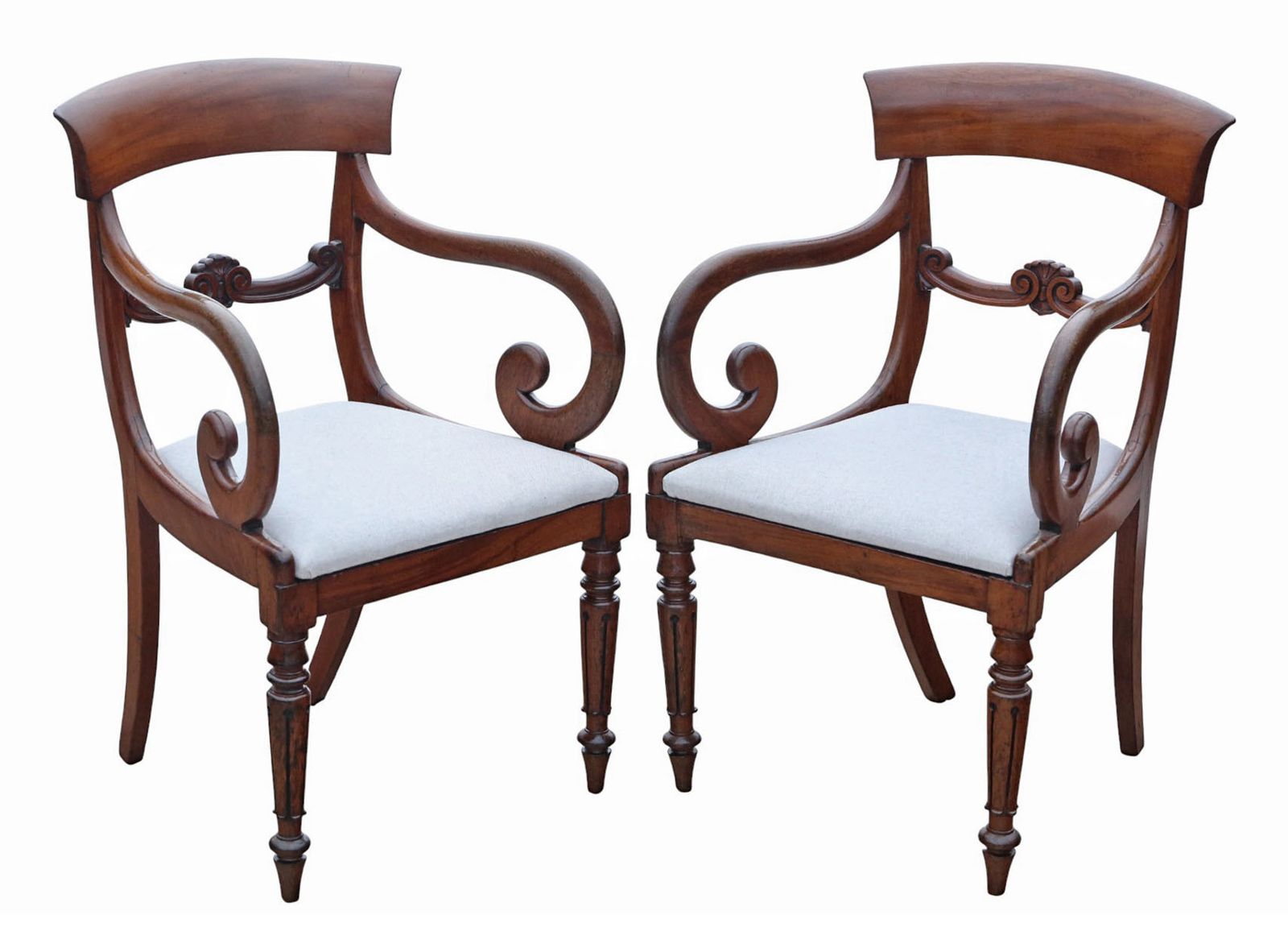Antique 19th Century Pair Of Mahogany Scroll Arm Carver Dining Chairs – Fine Quality Elbow Chair photo furniture