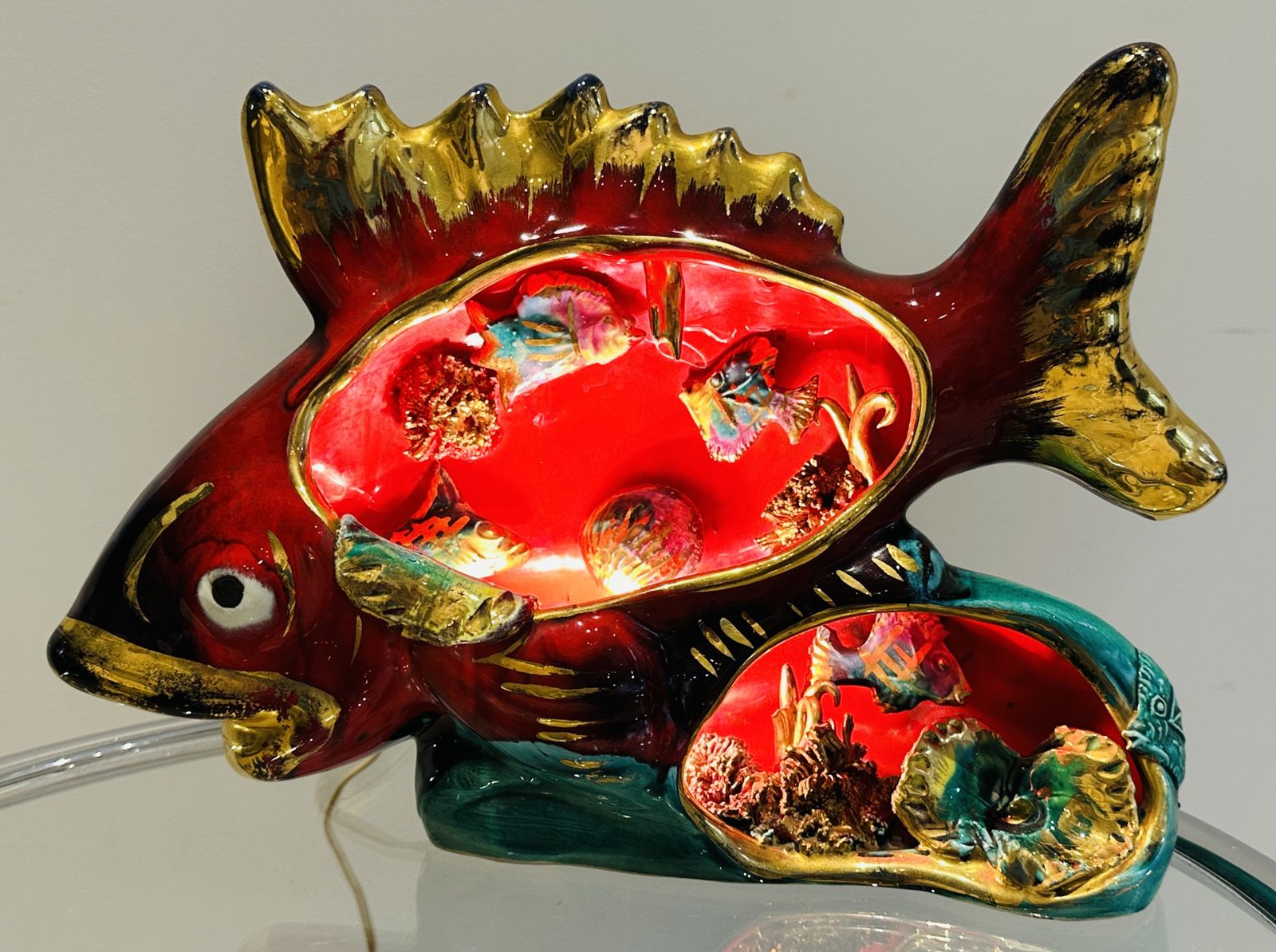 Vintage 1960s French Vallauris Glazed Ceramic Red & Gold Glazed Fish Aquarium Table Lamp photo furniture