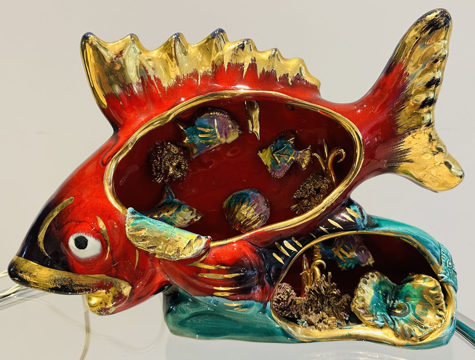 photo for sale Vintage 1960s French Vallauris Glazed Ceramic Red & Gold Glazed Fish Aquarium Table Lamp