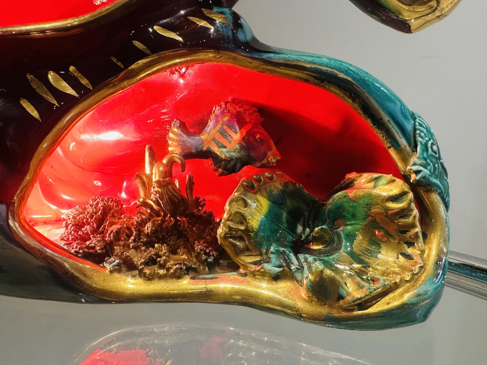 Lighting Vintage 1960s French Vallauris Glazed Ceramic Red & Gold Glazed Fish Aquarium Table Lamp photo