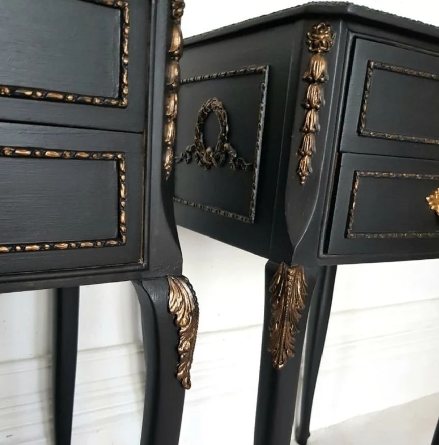 A Pair Of Vintage French Style Painted Bedside Tables, Black & Gold. photo Furniture