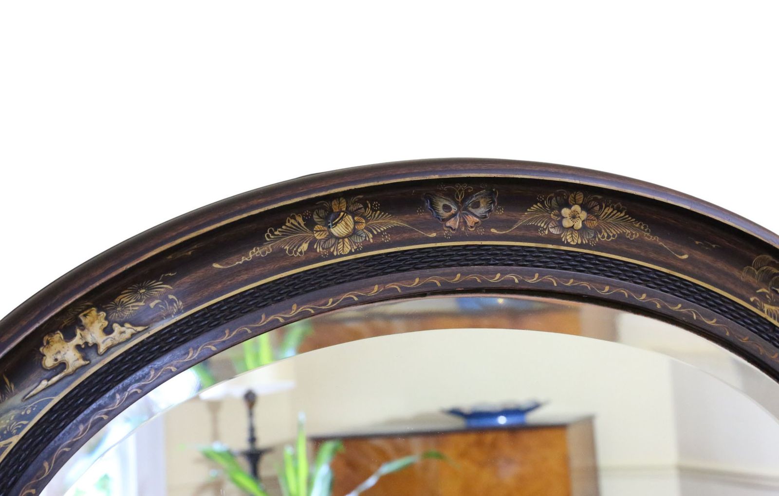 Antique C.1915 Chinoiserie Oval Overmantle Wall Mirror – Quality Decorated Hardwood Frame photo for sale