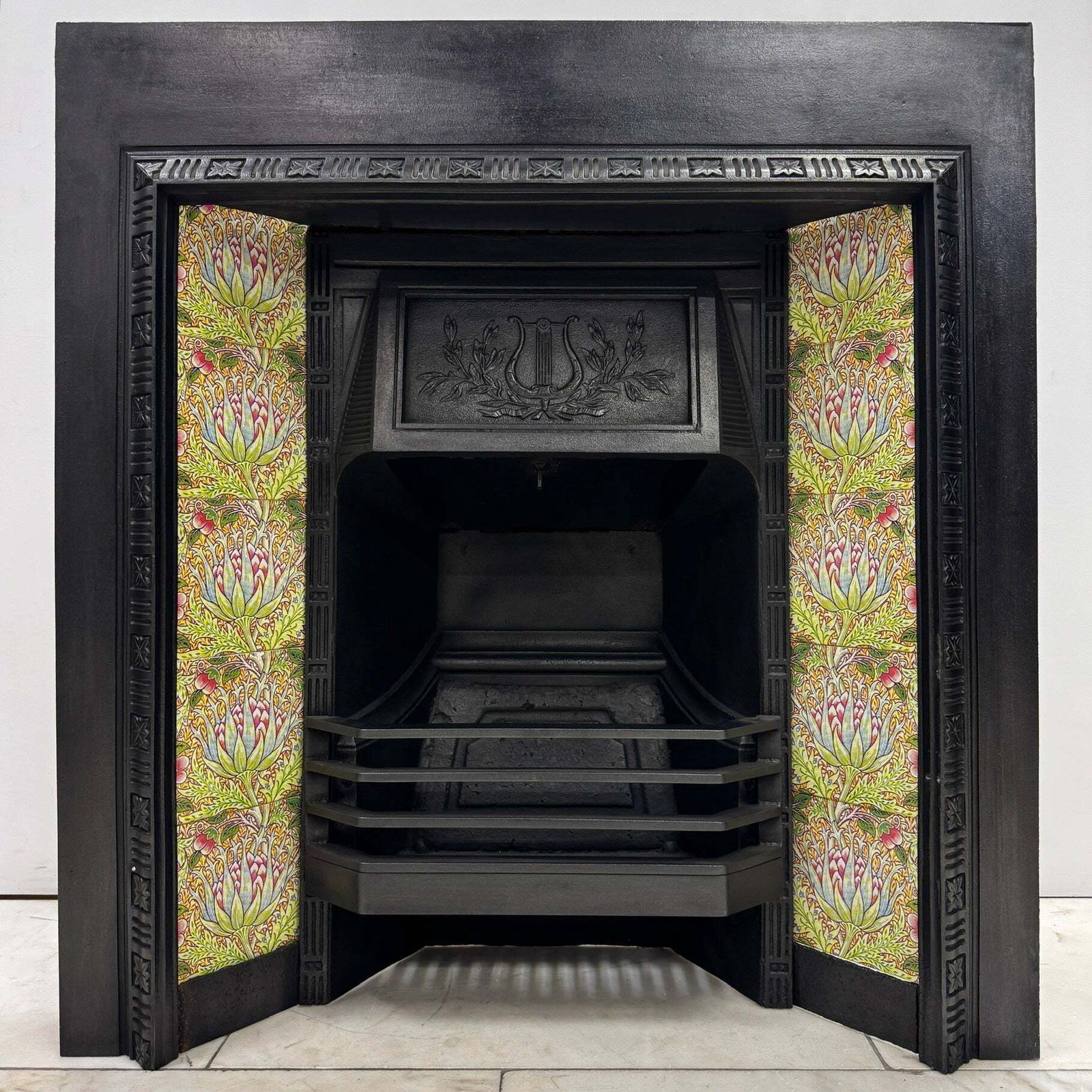 Antique Victorian Cast Iron Floral Tiled Fireplace Insert photo vintage
