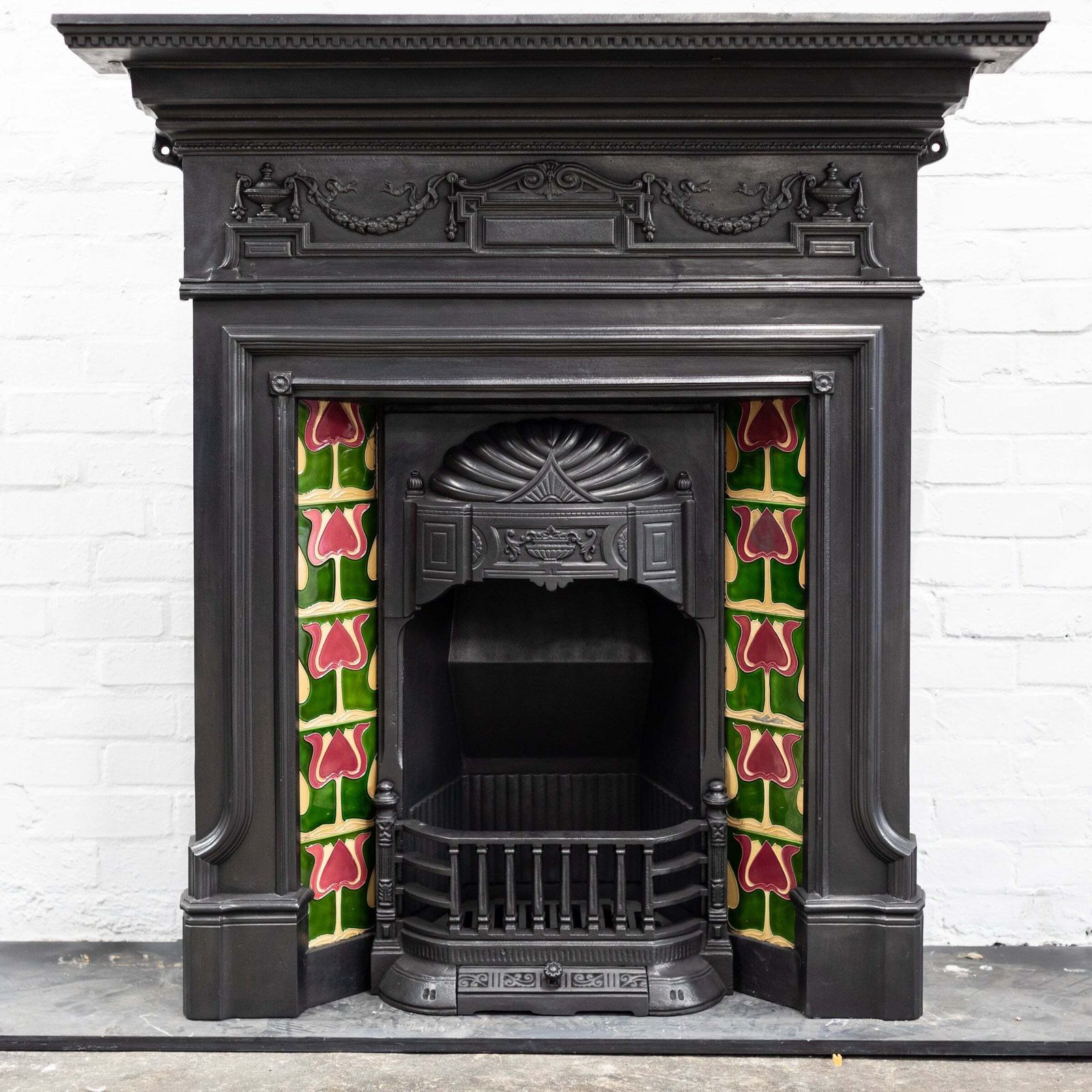 Antique Art Nouveau Combination Fireplace With Green & Red Tiles photo furniture