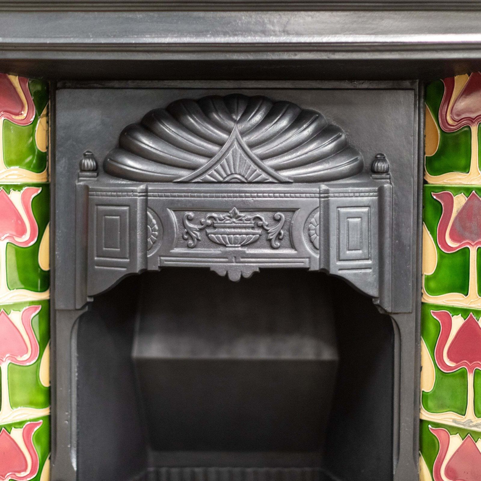 Antique Art Nouveau Combination Fireplace With Green & Red Tiles photo buy