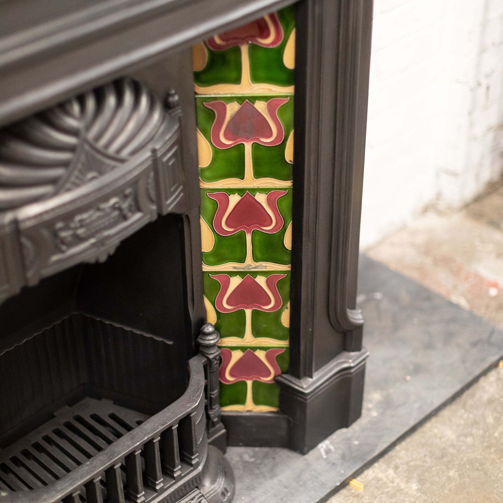photo for sale Antique Art Nouveau Combination Fireplace With Green & Red Tiles