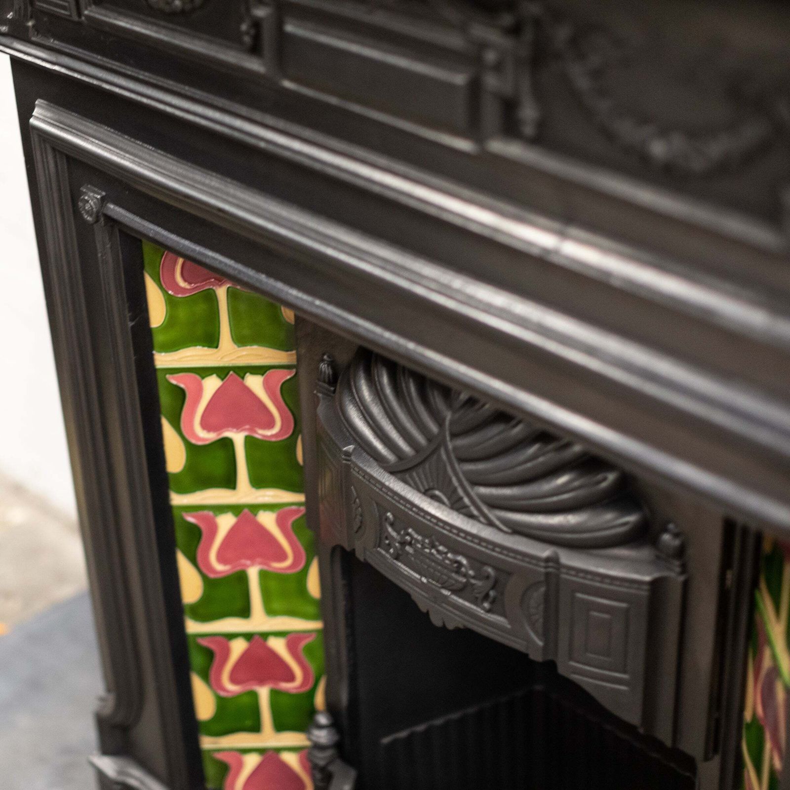 photo buy Antique Art Nouveau Combination Fireplace With Green & Red Tiles