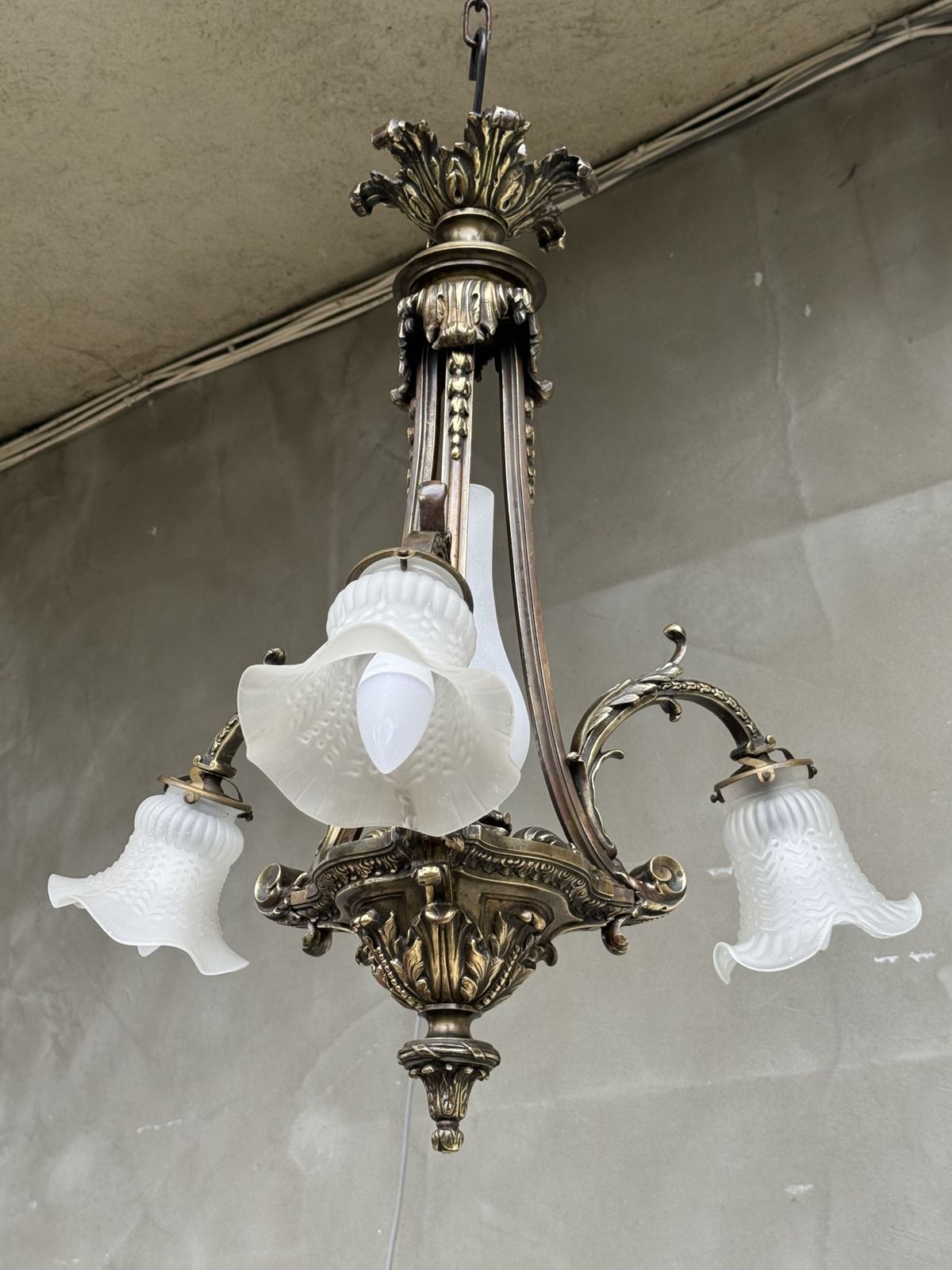 Antique French Brass Chandelier With Frosted Glass Tulip Shades, Rococo Revival, Early 20th Century photo for sale
