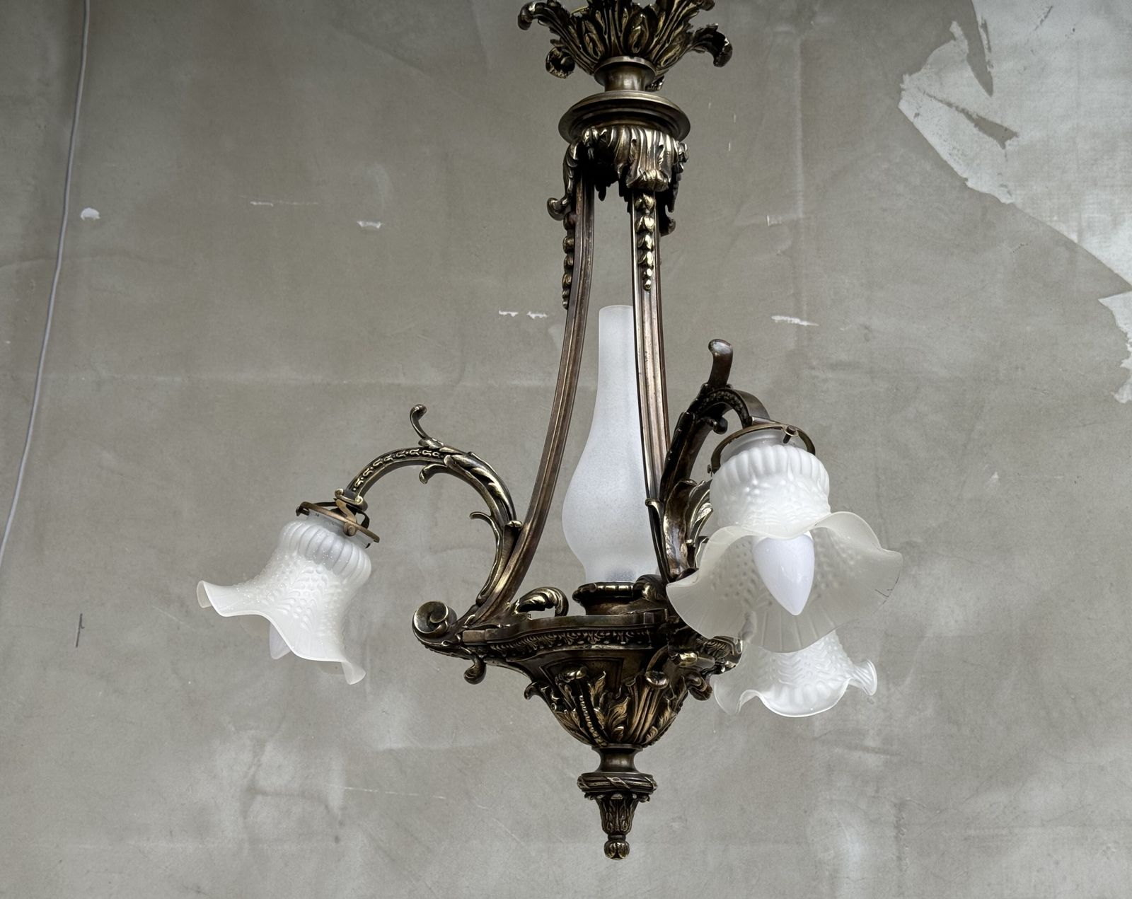 Antique French Brass Chandelier With Frosted Glass Tulip Shades, Rococo Revival, Early 20th Century photo buy