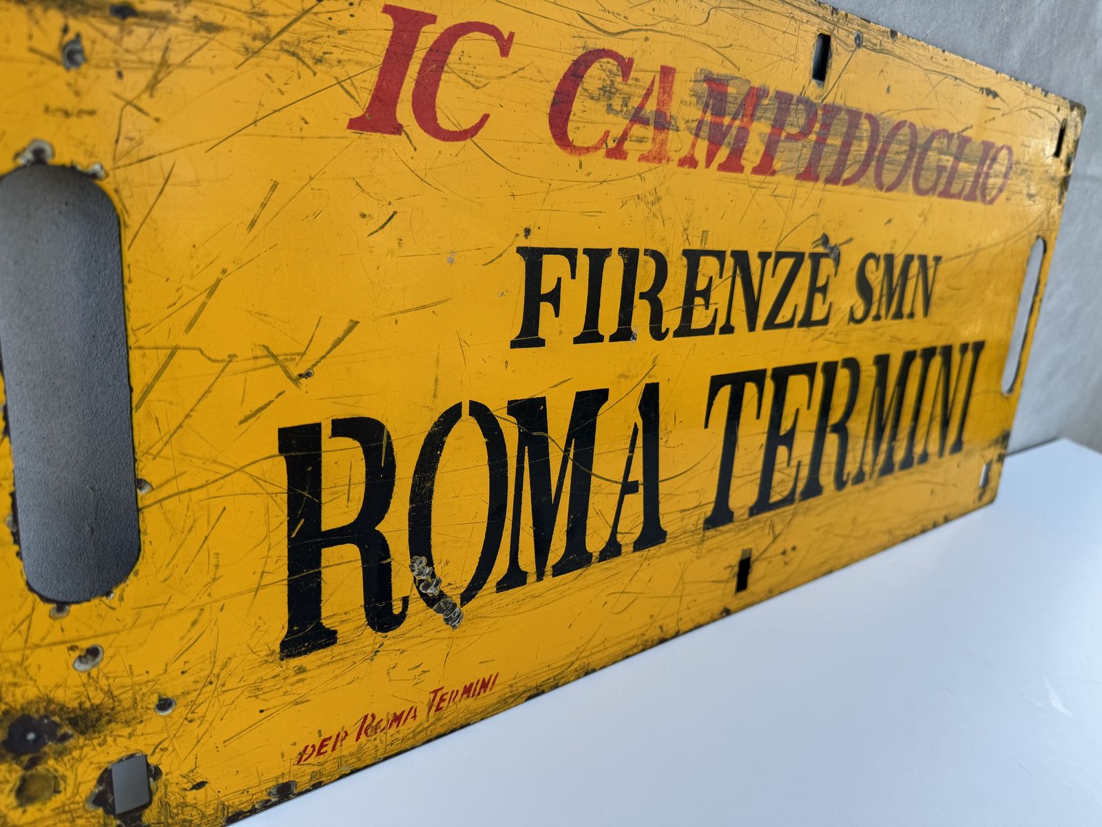 Vintage Italian Train Route Sign, Double Sided Metal Plaque, Roma Termini To Firenze, Collectible Railway Memorabilia photo vinterior