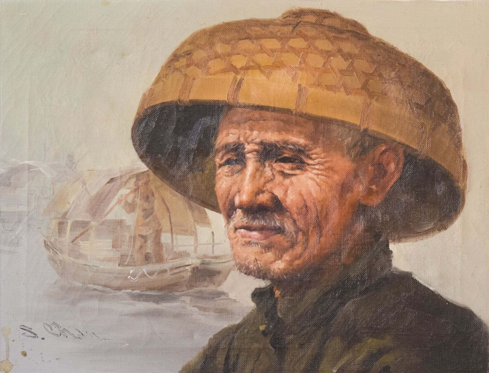 Schilderij Van Een Oude Visser Met Strohoed Door S. Chen