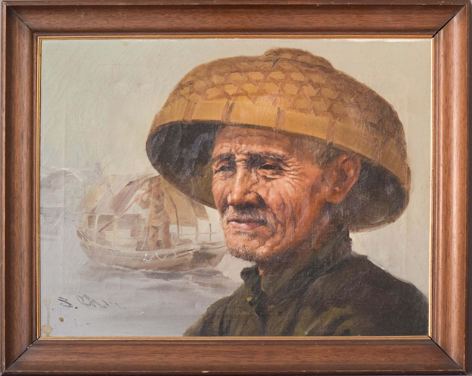 Elderly Fisherman In Straw Hat By S. Chen Painting photo furniture