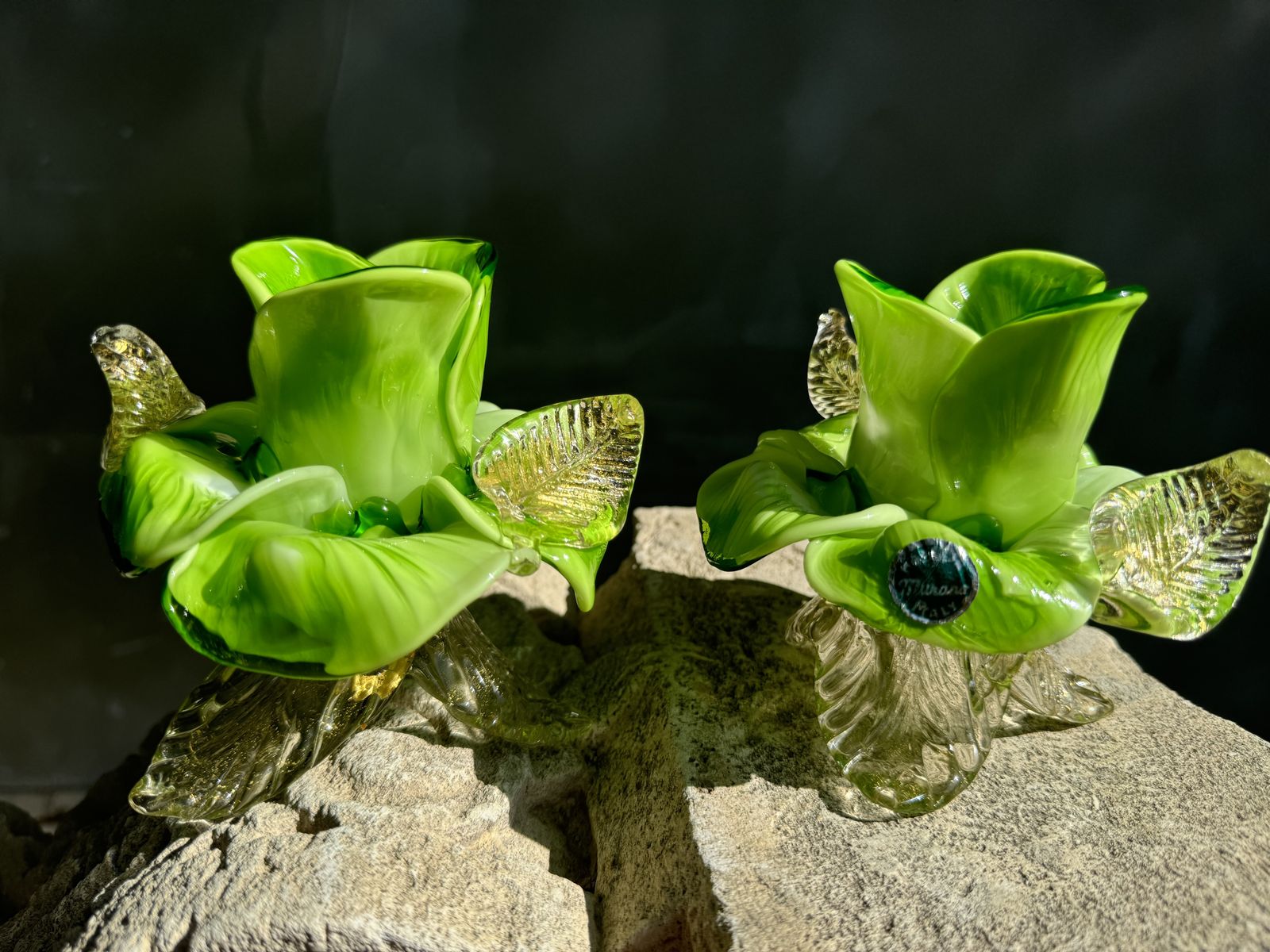 Pair Of Green Murano Glass Flower Candle Holders With Gold Aventurine, Italy C.1970s