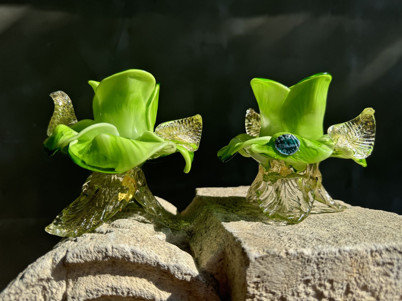 Pair Of Green Murano Glass Flower Candle Holders With Gold Aventurine, Italy C.1970s photo furniture