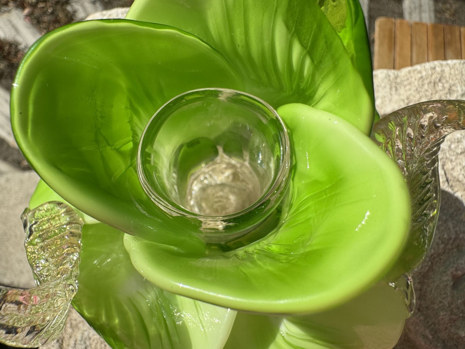 Pair Of Green Murano Glass Flower Candle Holders With Gold Aventurine, Italy C.1970s photo 420.0