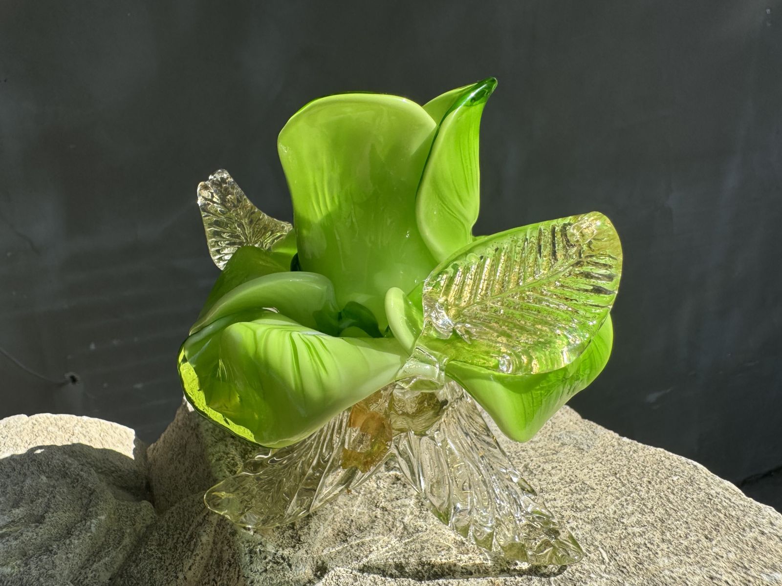 Pair Of Green Murano Glass Flower Candle Holders With Gold Aventurine, Italy C.1970s photo buy