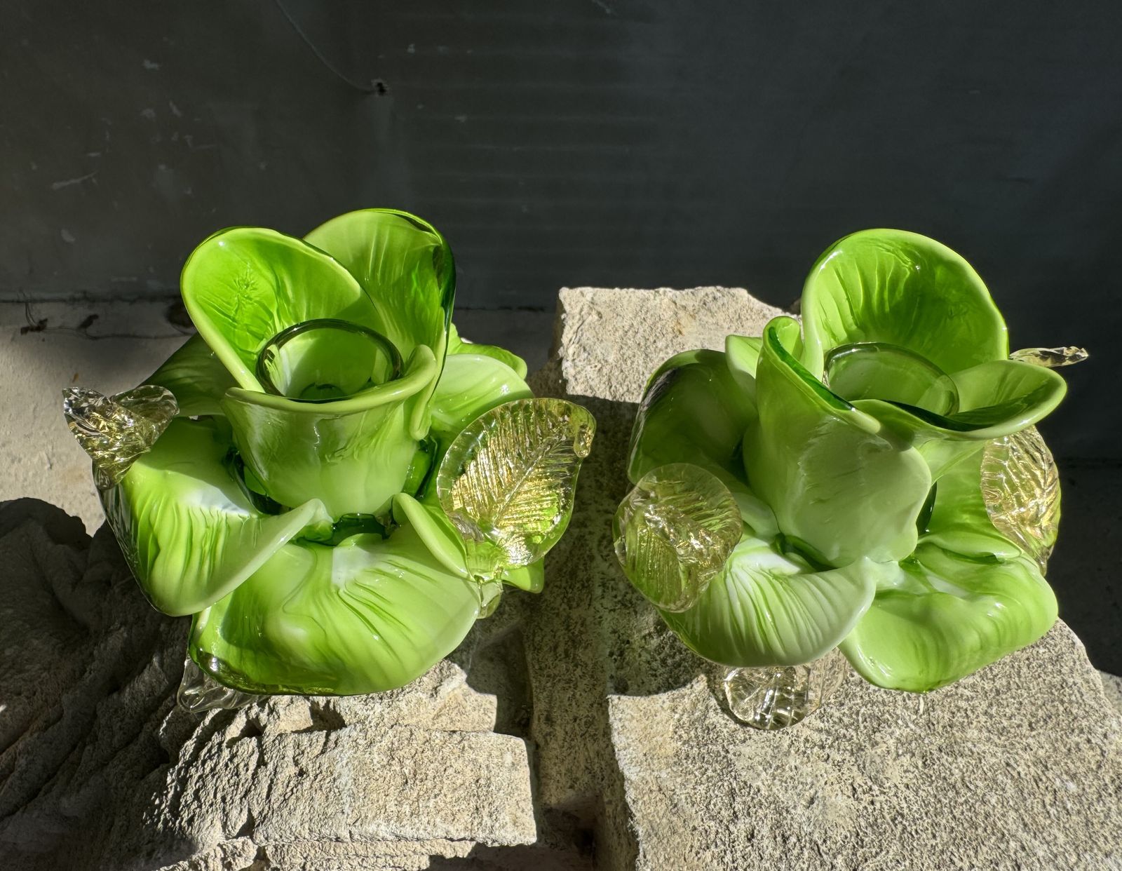 photo furniture Pair Of Green Murano Glass Flower Candle Holders With Gold Aventurine, Italy C.1970s