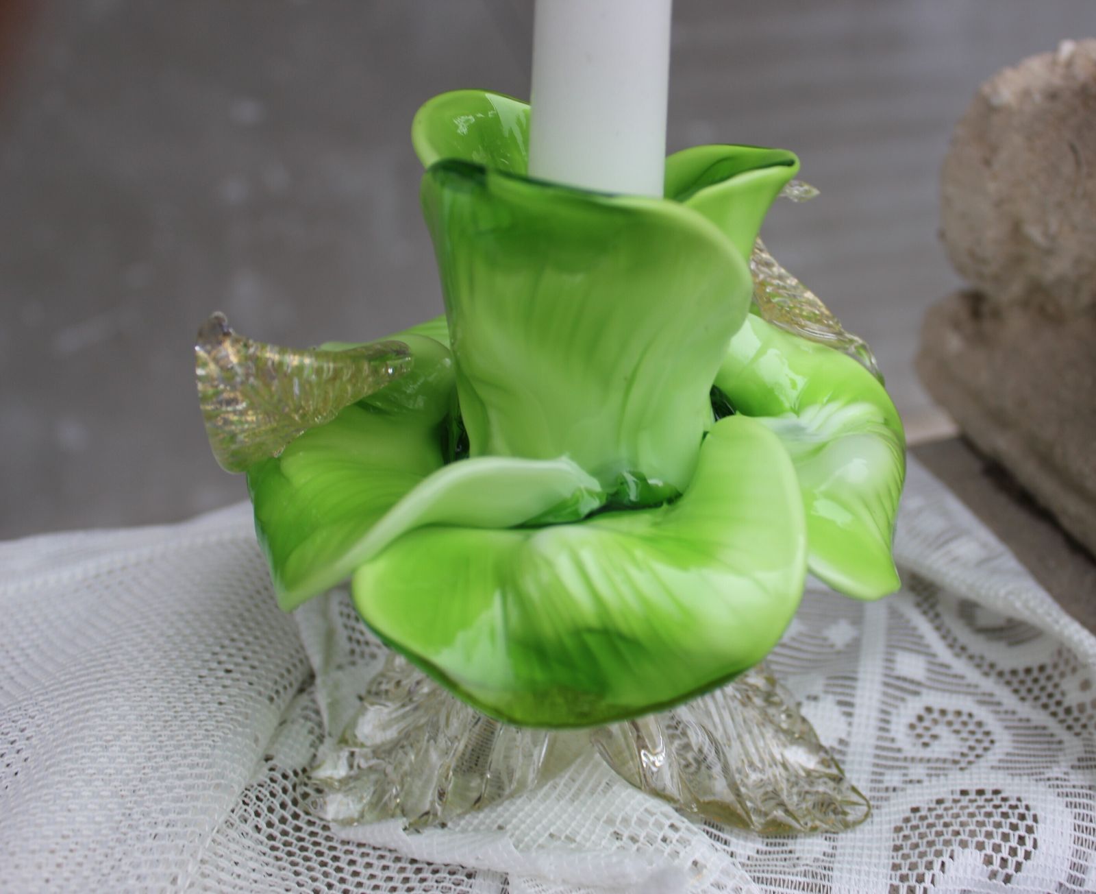 420.0 Pair Of Green Murano Glass Flower Candle Holders With Gold Aventurine, Italy C.1970s photo